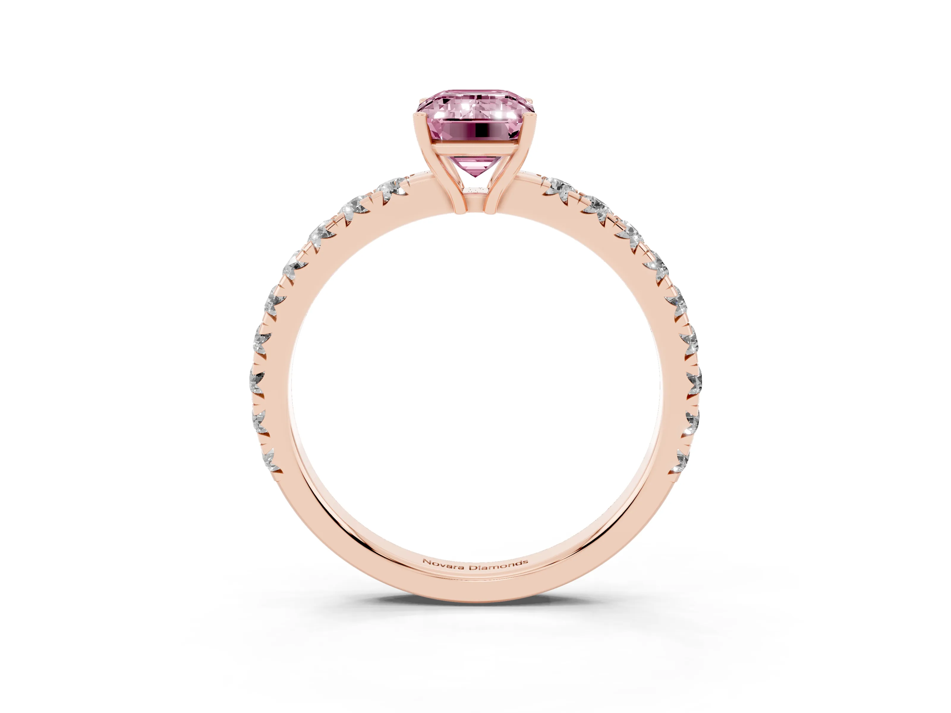 Fancy Pink Emerald Cut Diamond Pavé Solitaire Engagement Ring Set in Rose gold with Prong Setting
