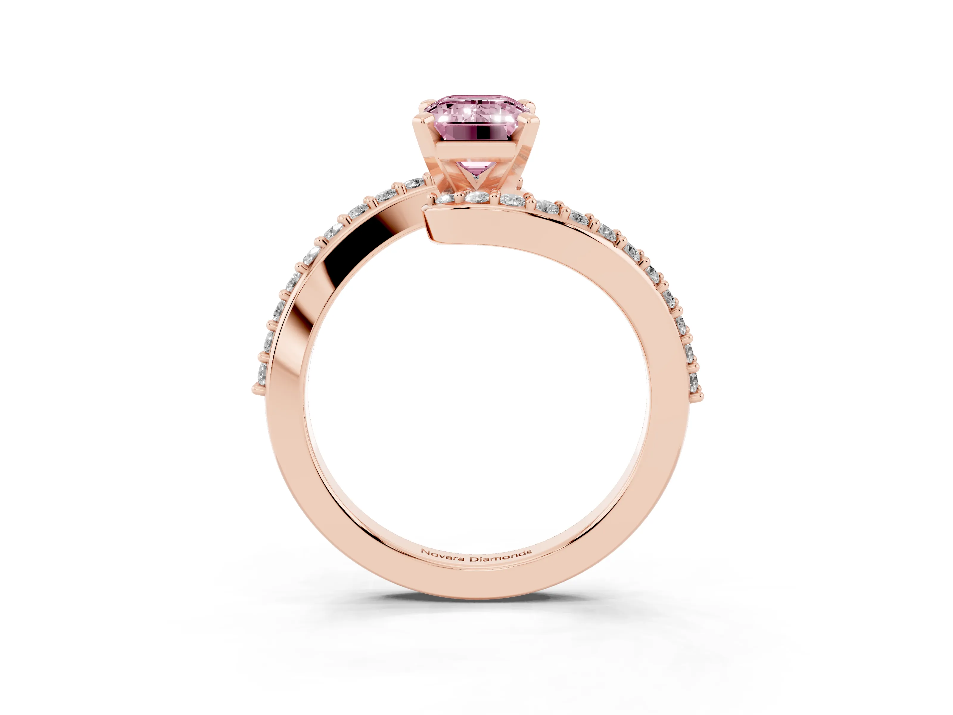 Fancy Pink Emerald Cut Diamond Solitaire Ring Set in Rose gold with Pavé Twist Band and Prong Setting
