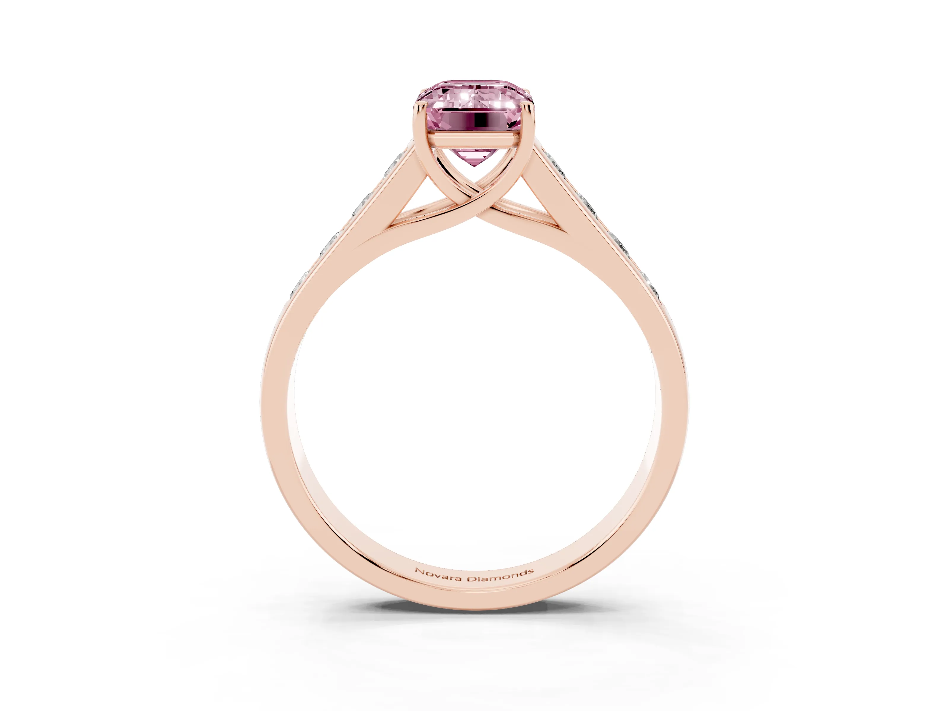 Fancy Pink Emerald Cut Diamond Brilliant Channel-Set Solitaire Ring Set in Rose gold with Prong Setting