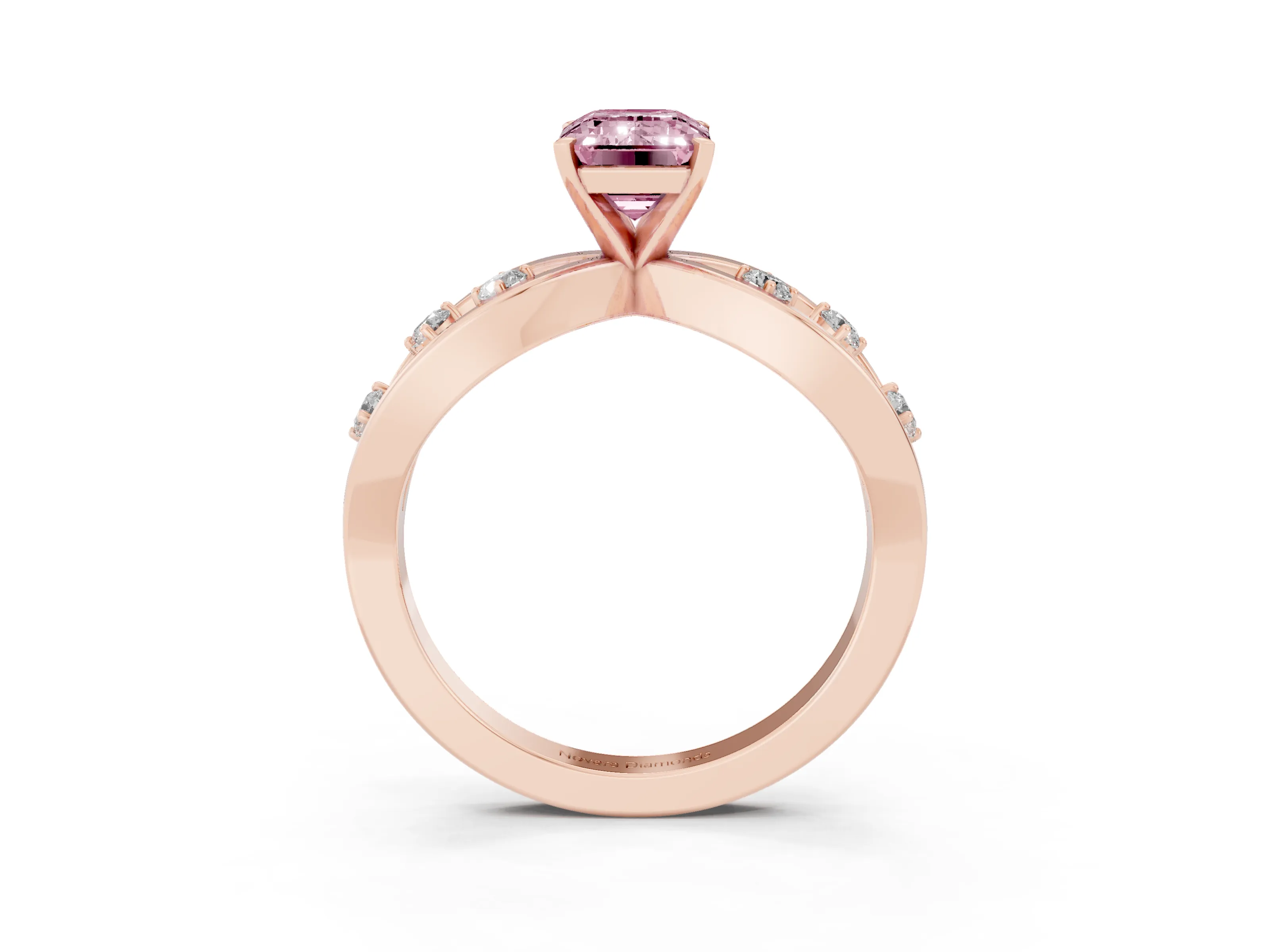 Fancy Pink Emerald Cut Diamond Solitaire Ring Set in Rose gold with Side Stones on Criss-Cross Band and Prong Setting