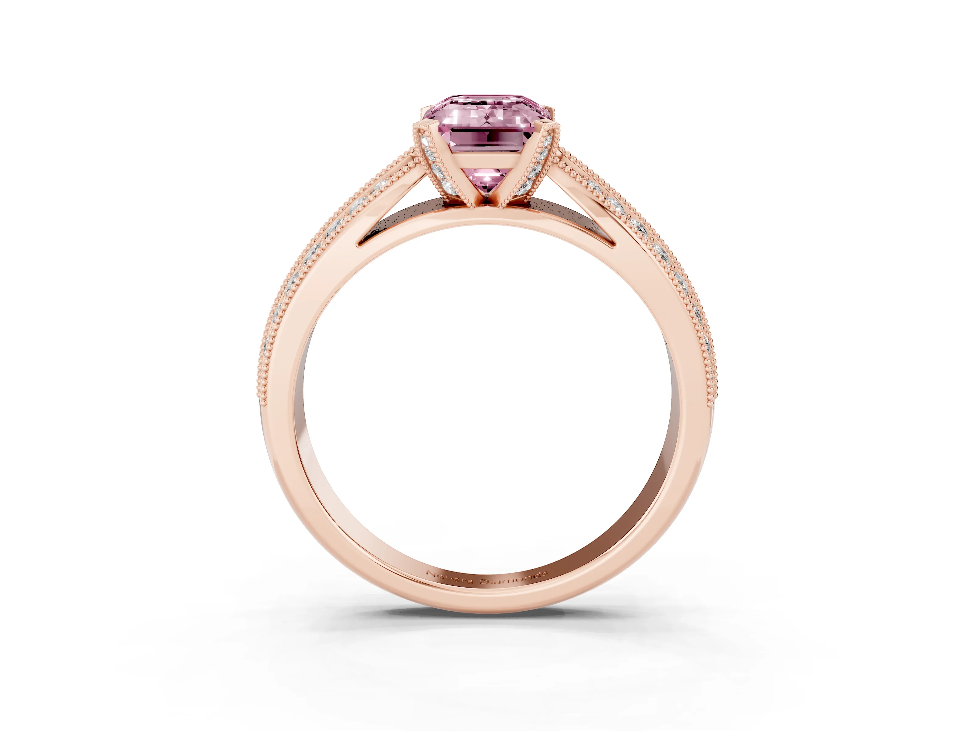 Fancy Pink Emerald Cut Diamond Solitaire Ring Set in Rose gold with Milgrain Double Row Round Pavé Band