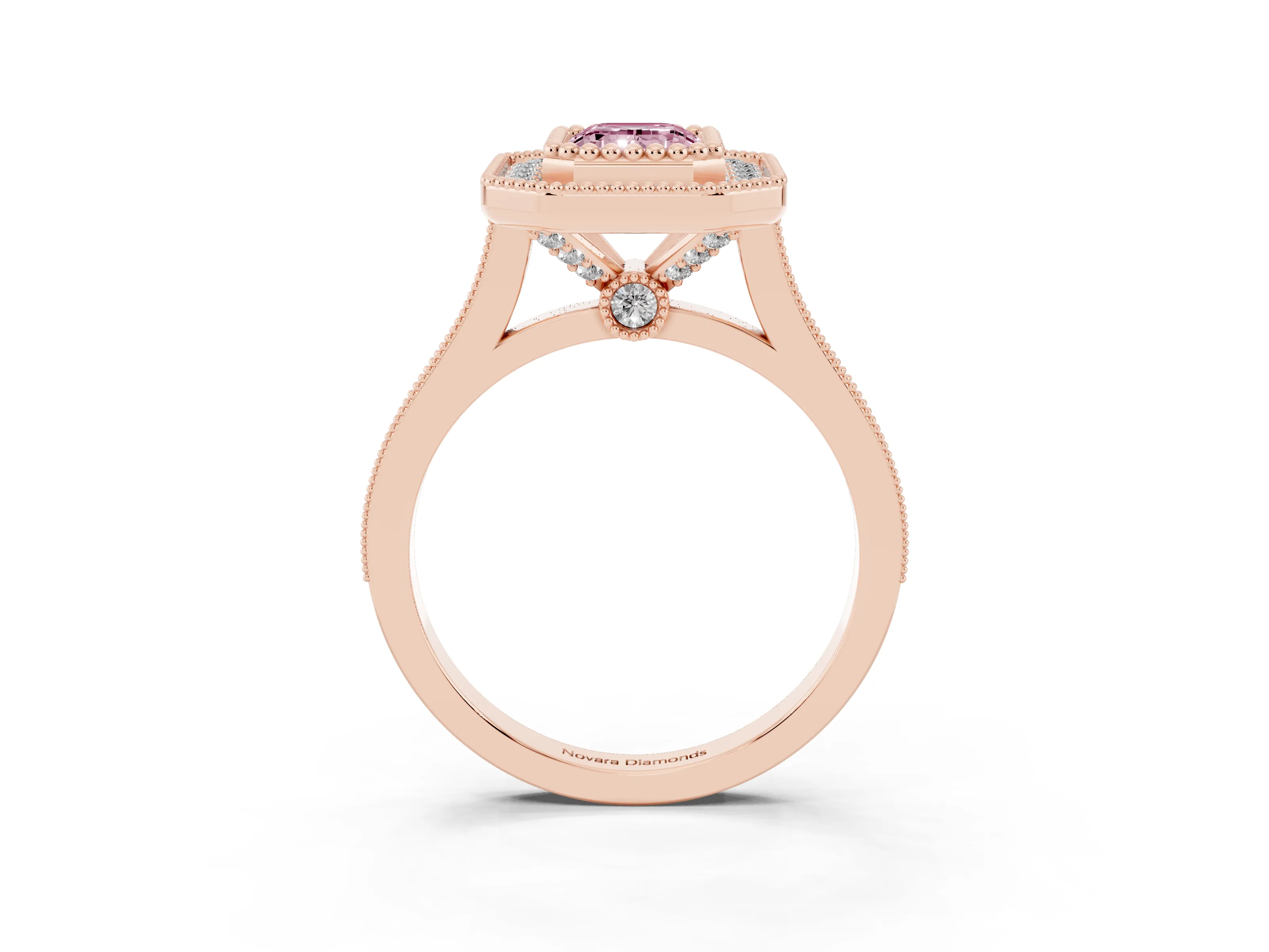 Fancy Pink Emerald Cut Diamond Halo Ring Set in Rose gold with Milgrain Frame and Pavé Band