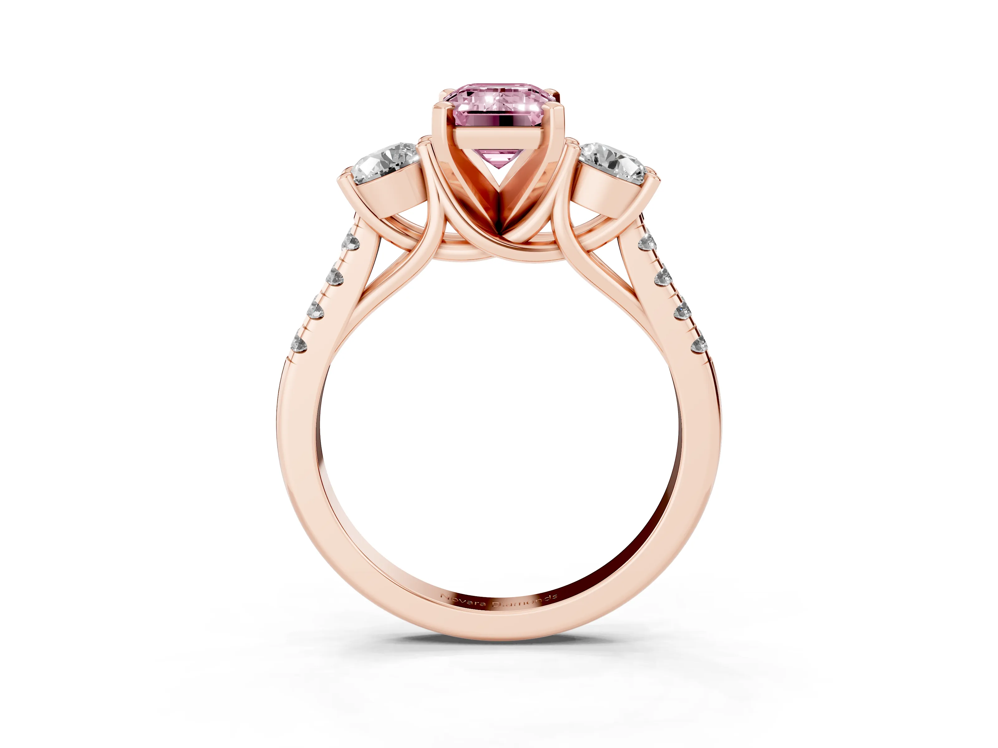 Fancy Pink Three-Stone Emerald Cut Diamond Pavé Band Ring Set in Rose gold with Prong-Set Trio