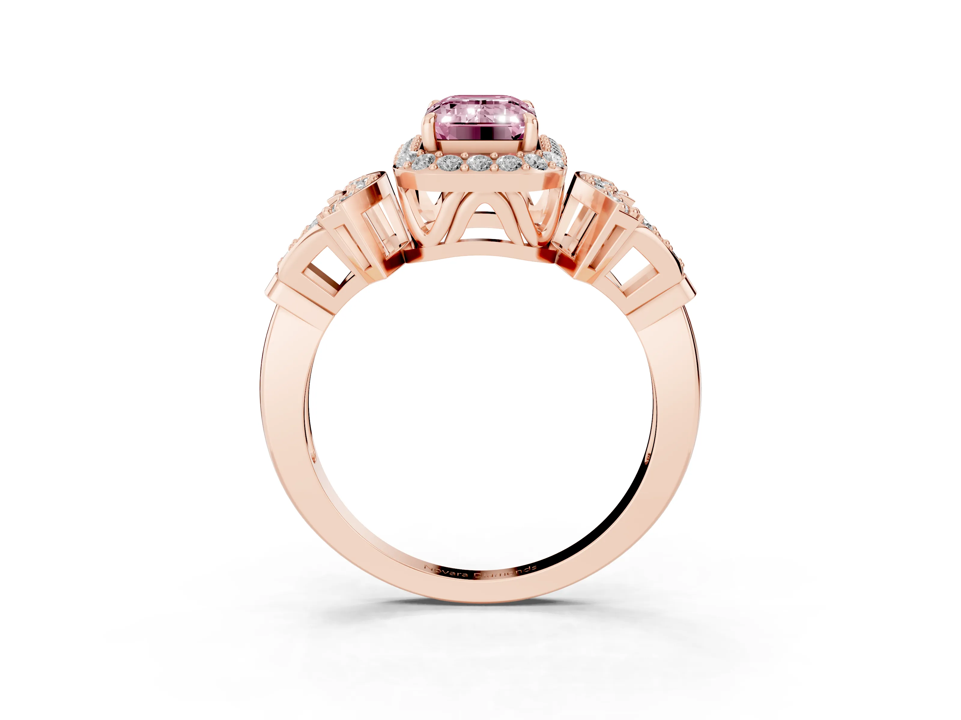 Fancy Pink Emerald Cut Diamond Halo Engagement Ring Set in Rose gold with Accent Stone Split Shank