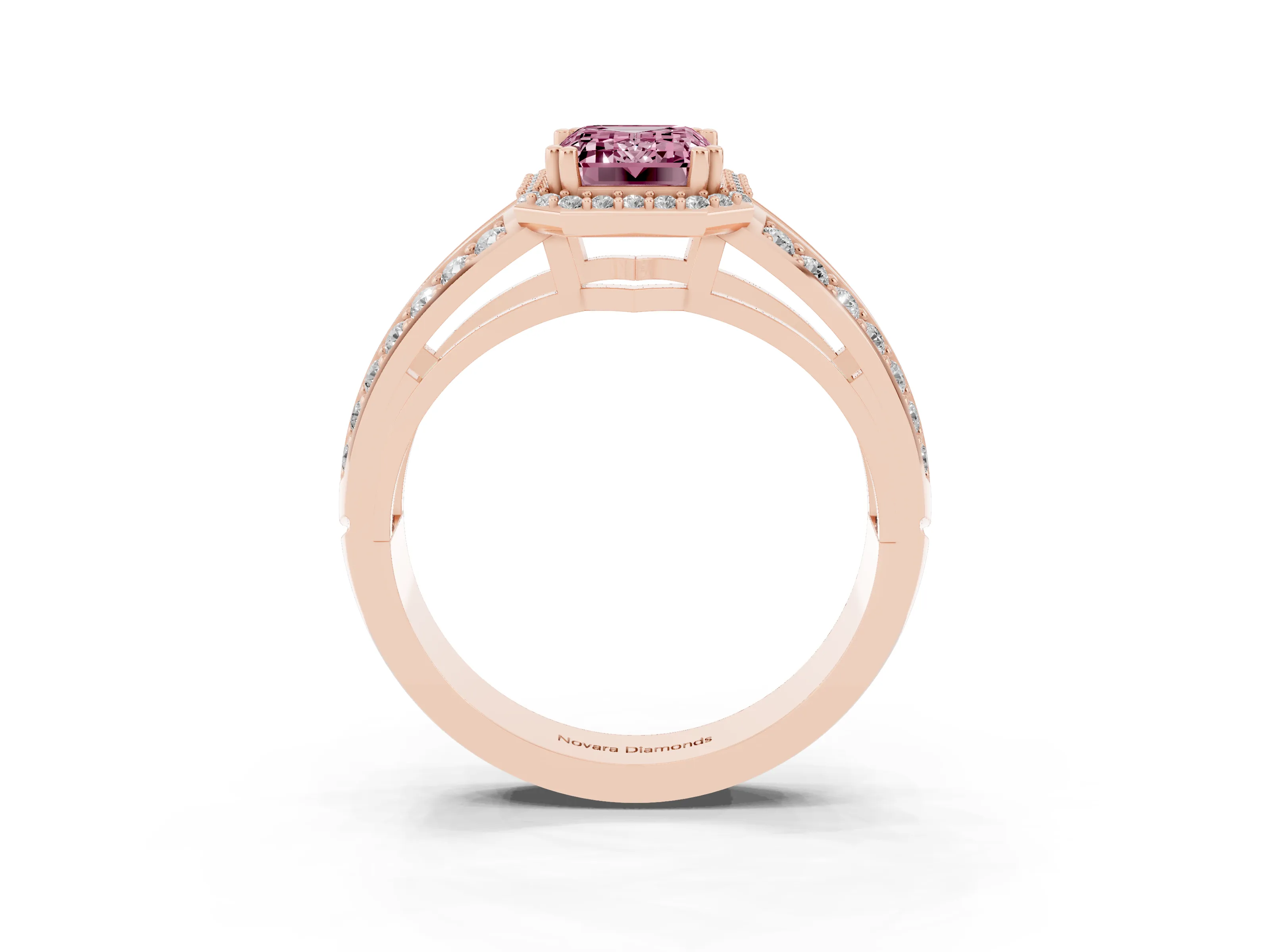 Fancy Pink Emerald Cut Diamond Halo Ring Set in Rose gold with Double Pavé Split Shank