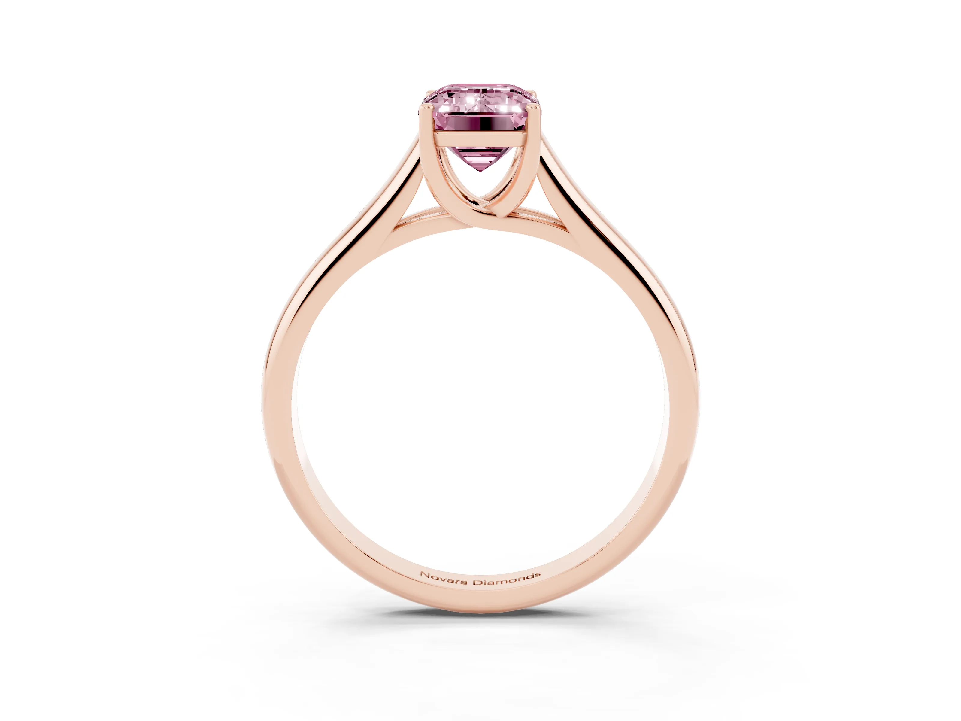 Fancy Pink Emerald Cut Diamond Solitaire Engagement Ring Set in Rose gold with Subtly Tapered Band and Prong Setting
