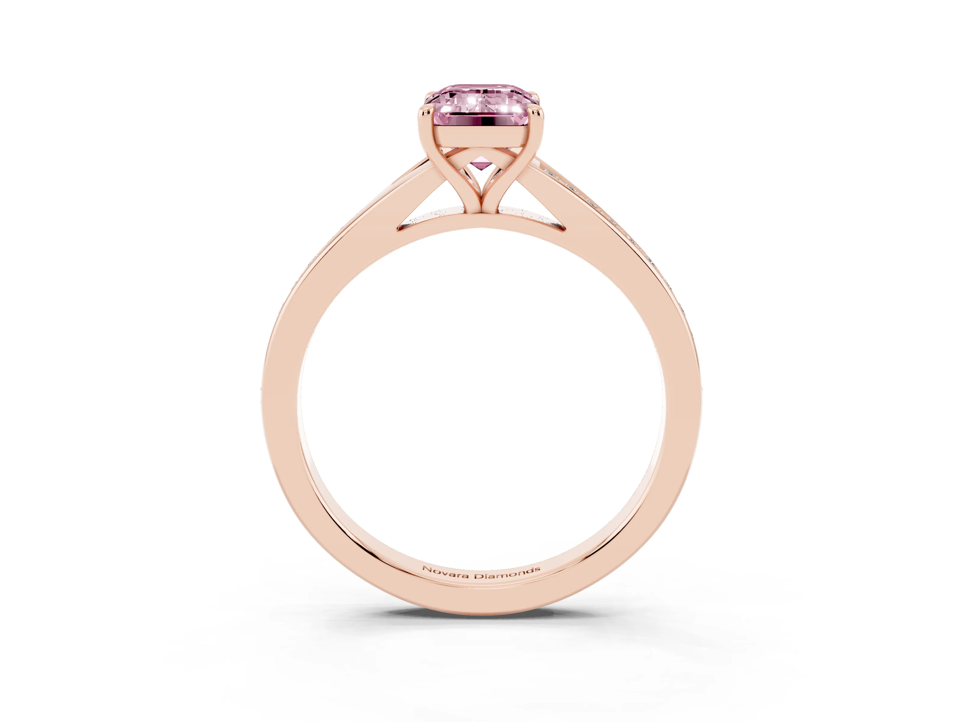Fancy Pink Emerald Cut Diamond Solitaire Ring Set in Rose gold with Pavé Accent Band and Classic Prong Setting