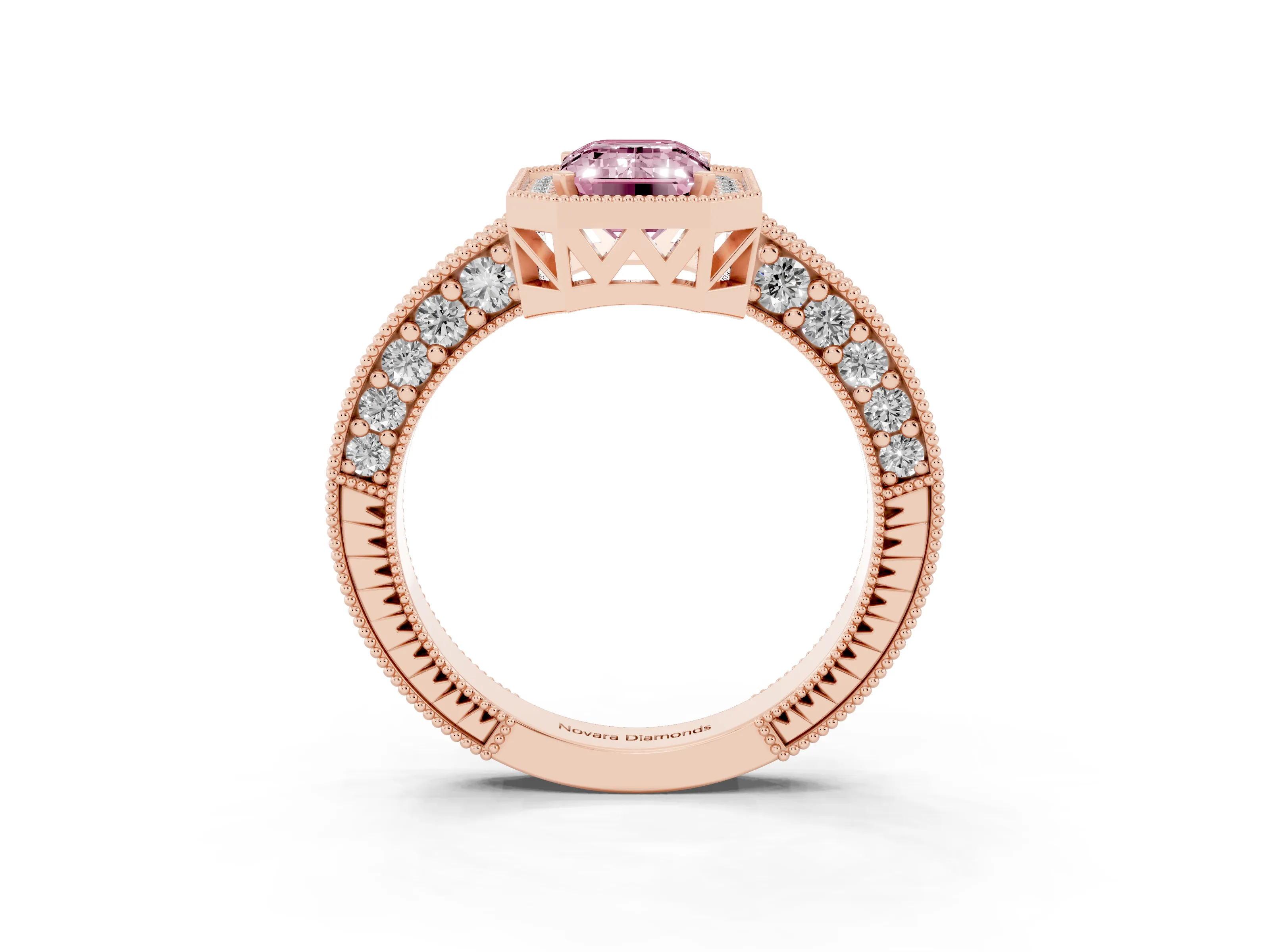 Fancy Pink Emerald Cut Diamond Halo Pavé Band Ring Set in Rose gold with Prong-Set Center