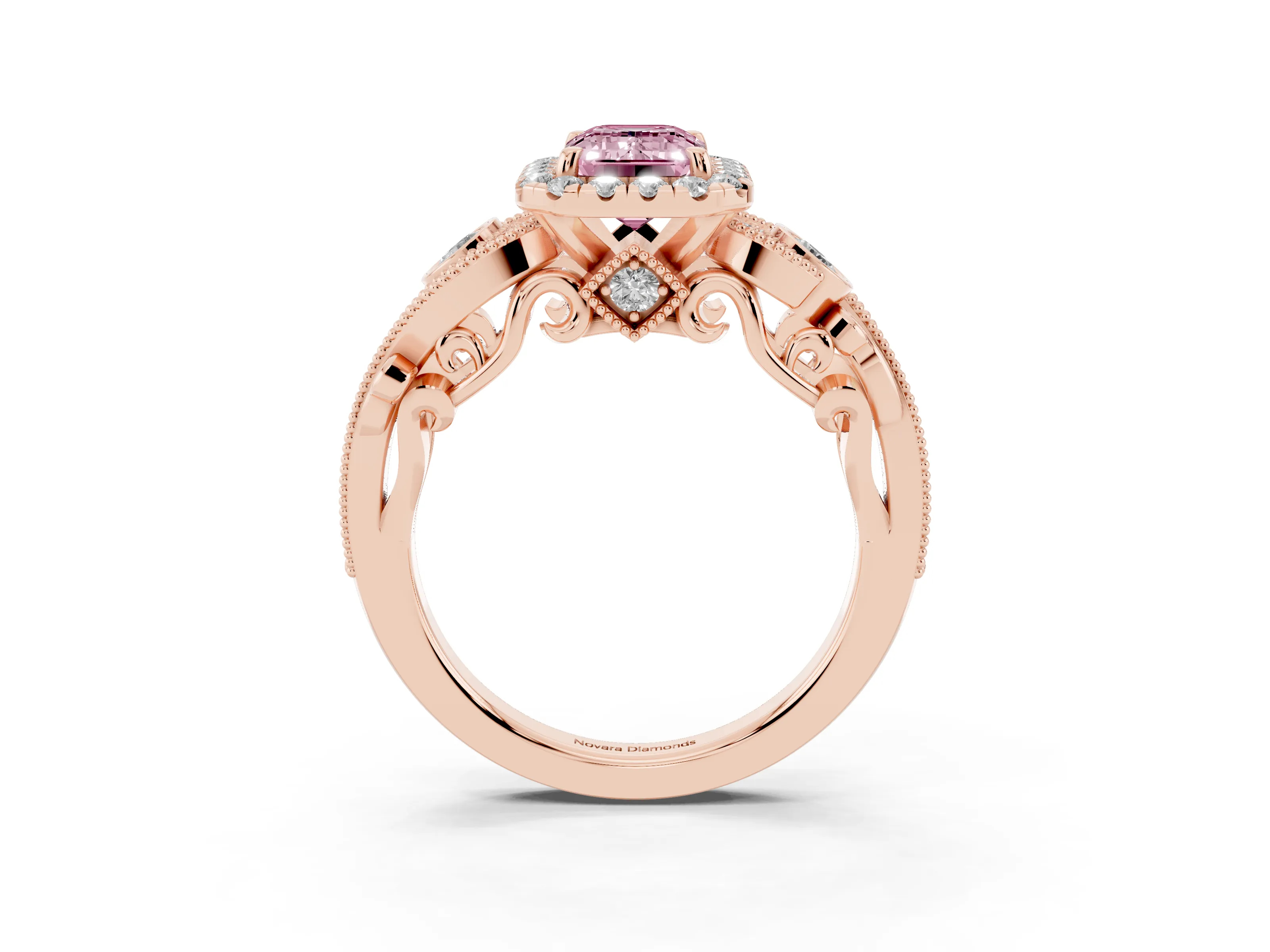 Fancy Pink Emerald Cut Diamond Halo Ring Set in Rose gold with Milgrain Pavé Band and Prong Setting
