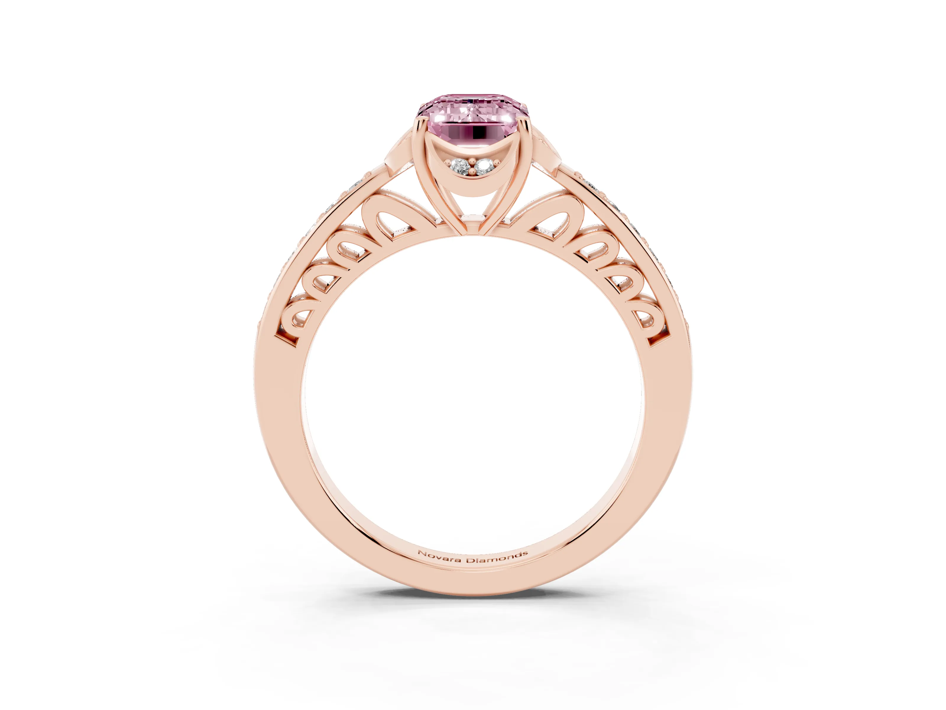 Fancy Pink Emerald Cut Diamond Halo Ring Set in Rose gold with Channel Set Band and Prong Setting