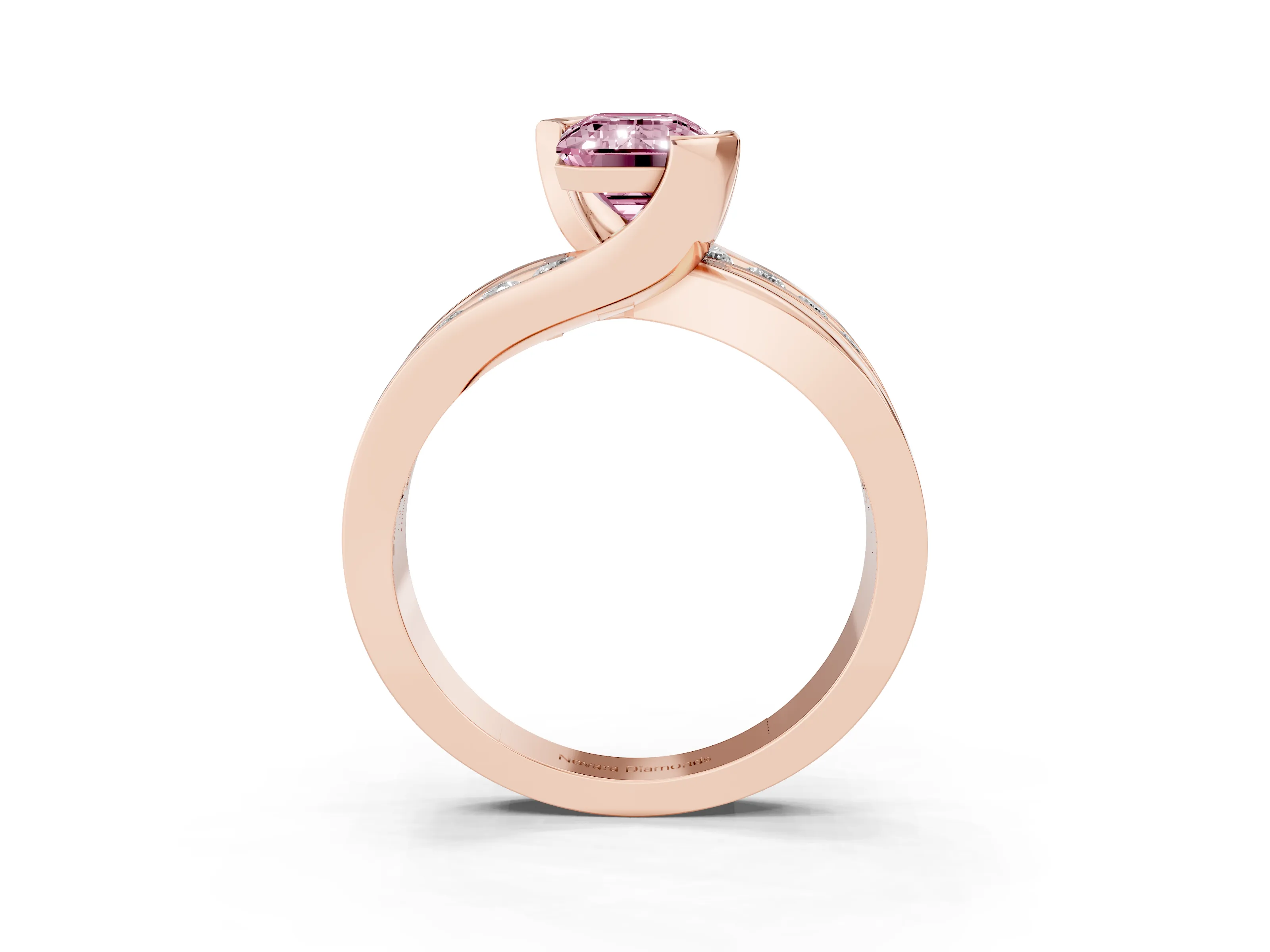 Fancy Pink Emerald Cut Diamond Solitaire Ring Set in Rose gold with Channel Set Split Shank and Tension Prongs