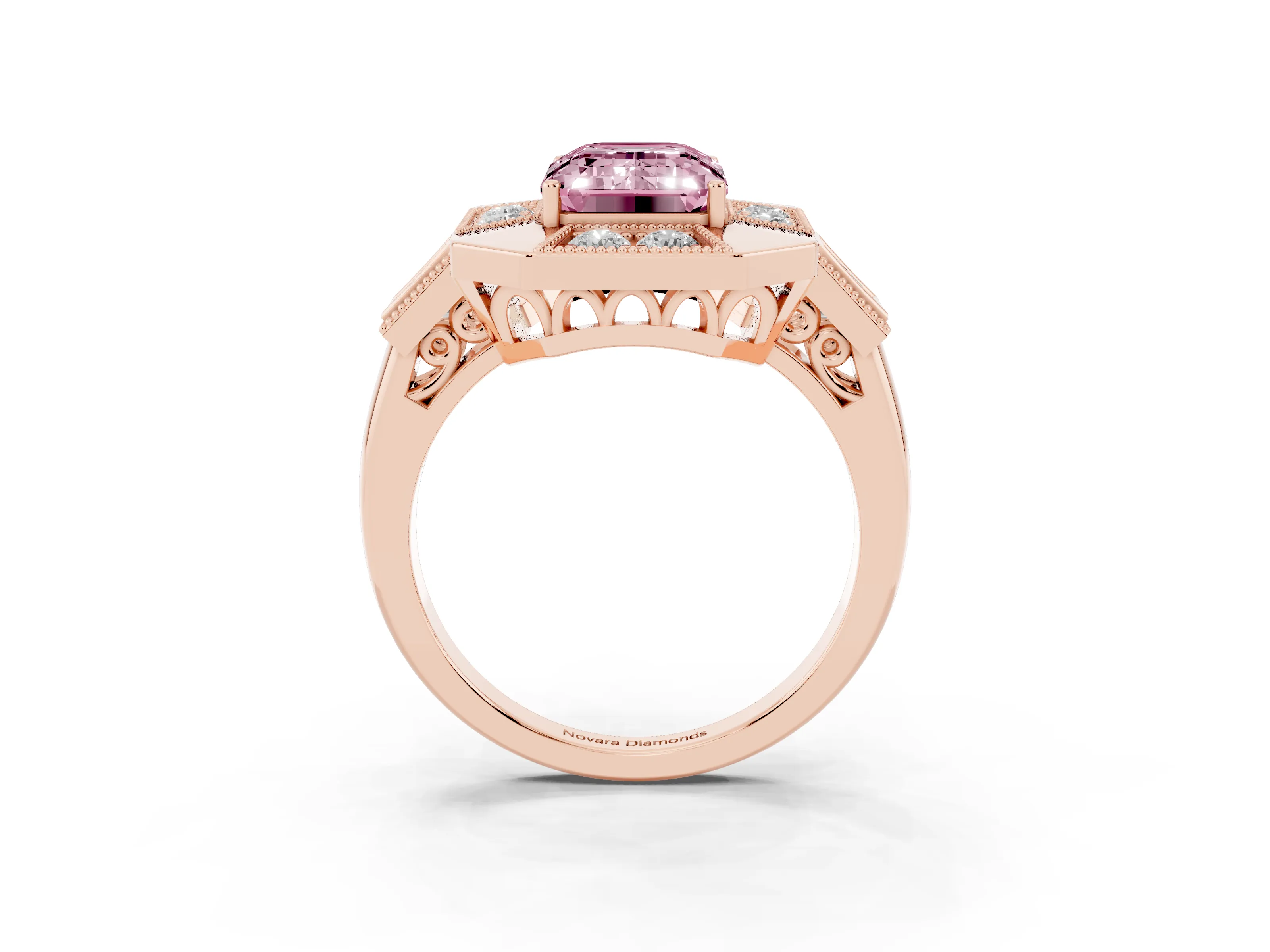 Fancy Pink Emerald Cut Diamond Milgrain Halo Ring Set in Rose gold with Split Shank