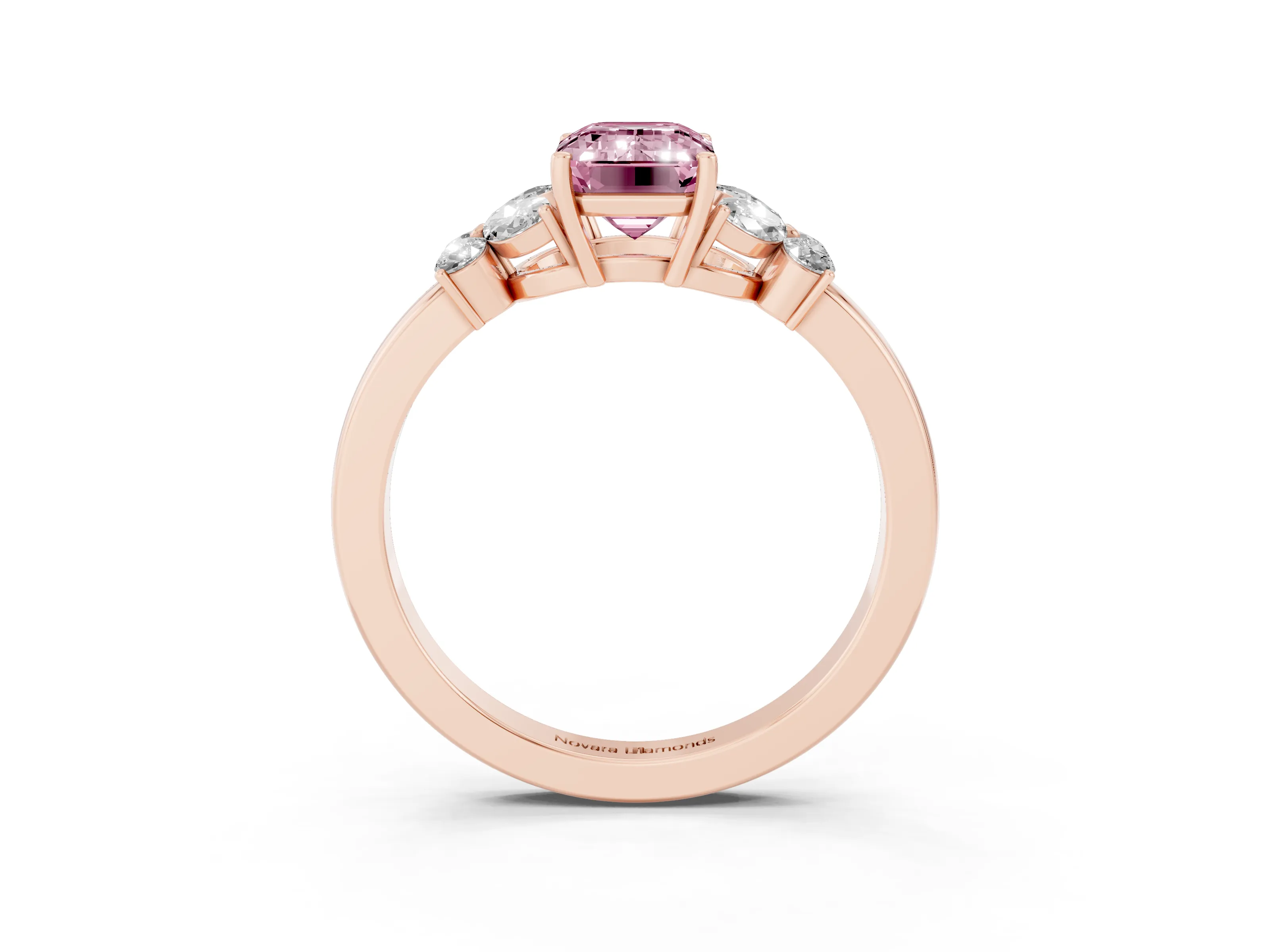 Fancy Pink Emerald Cut Diamond Solitaire Floral Ring Set in Rose gold with Marquise Petals and Prong Setting