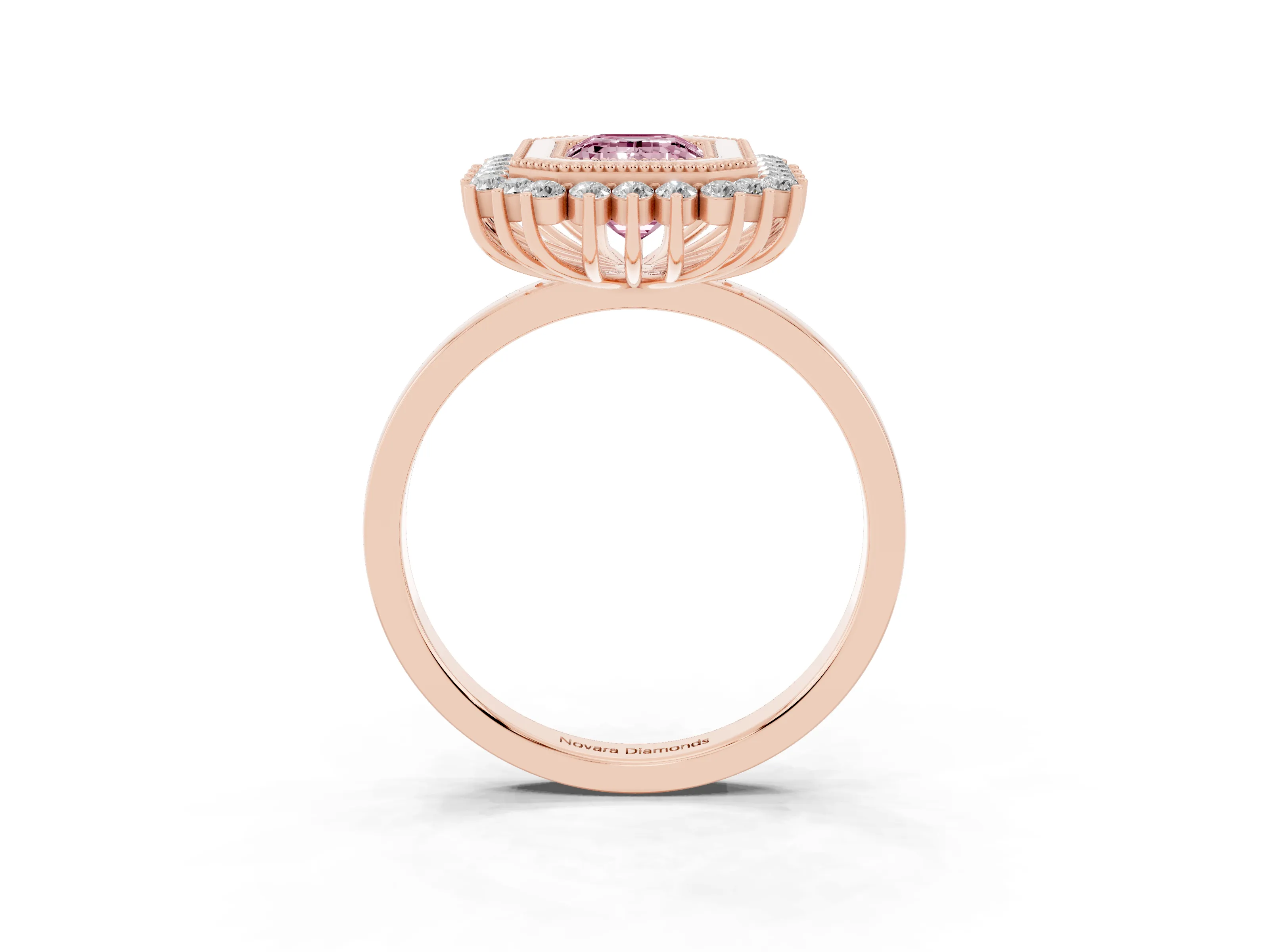Fancy Pink Emerald Cut Diamond Halo Ring Set in Rose gold with Milgrain Edge and Round Prong Setting