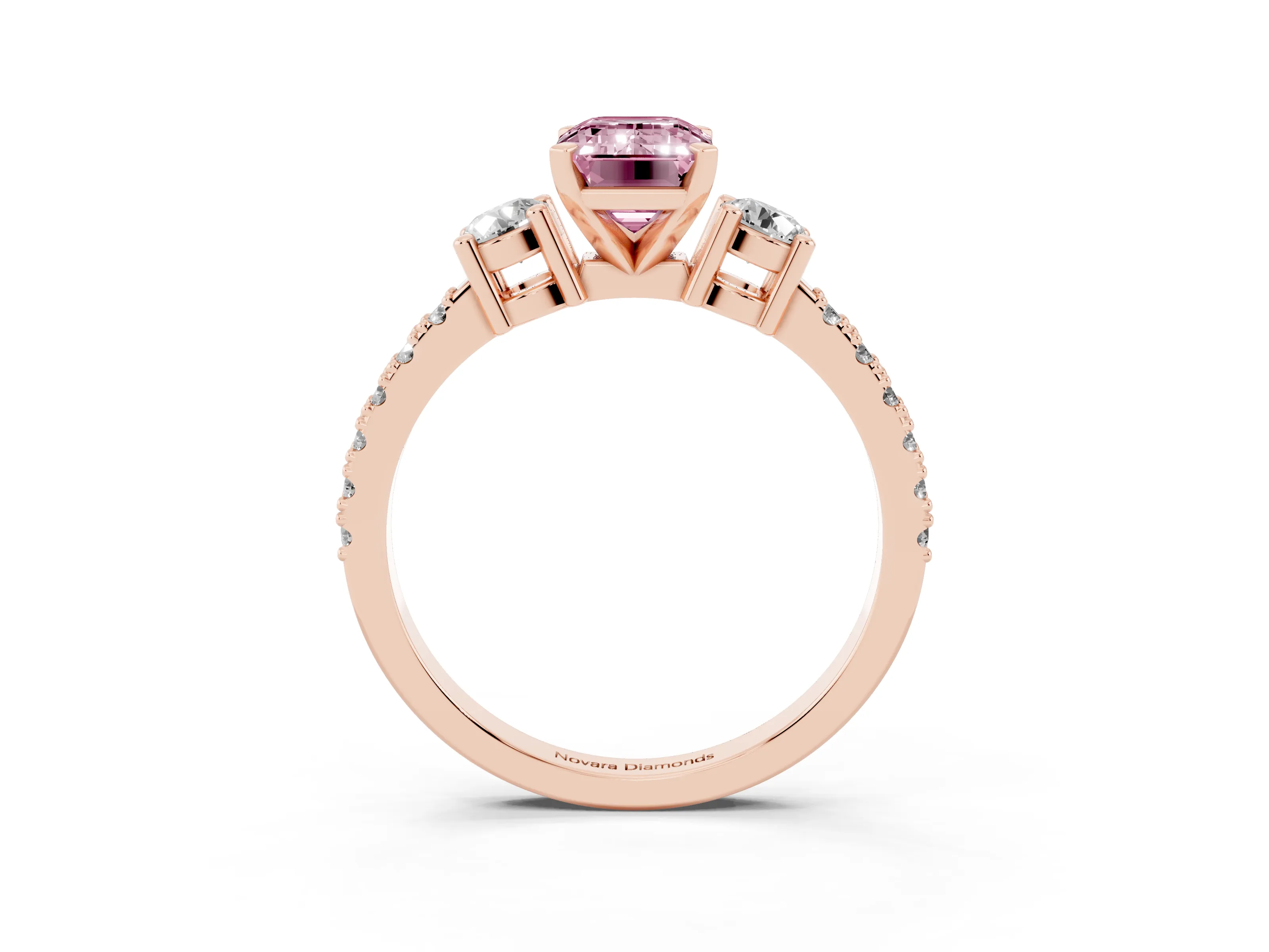 Fancy Pink Three-Stone Emerald Cut Diamond Pavé Band Ring Set in Rose gold with Prong Setting