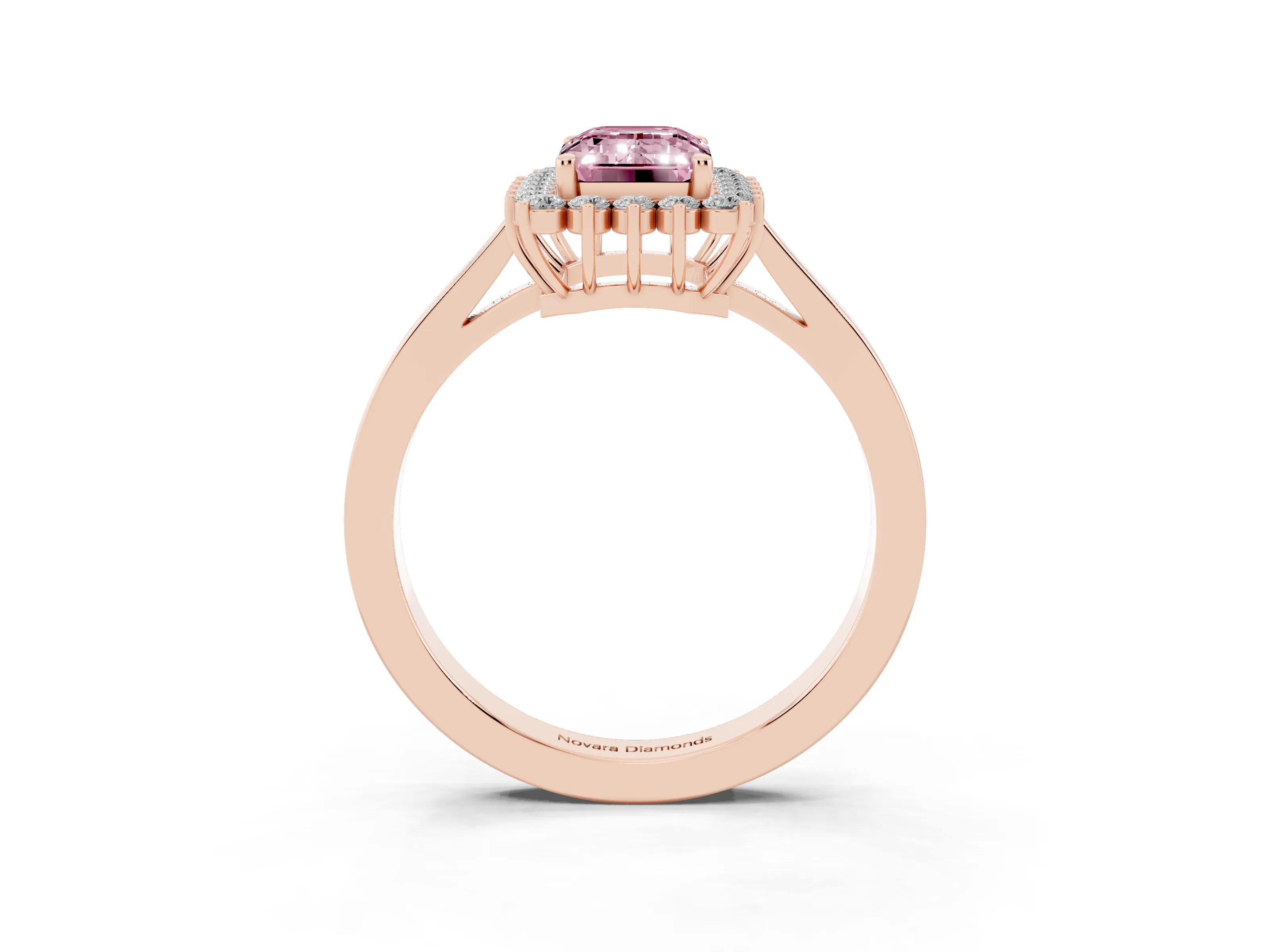 Fancy Pink Emerald Cut Diamond Halo Ring Set in Rose gold with Round Halo and Smooth Solitaire Band