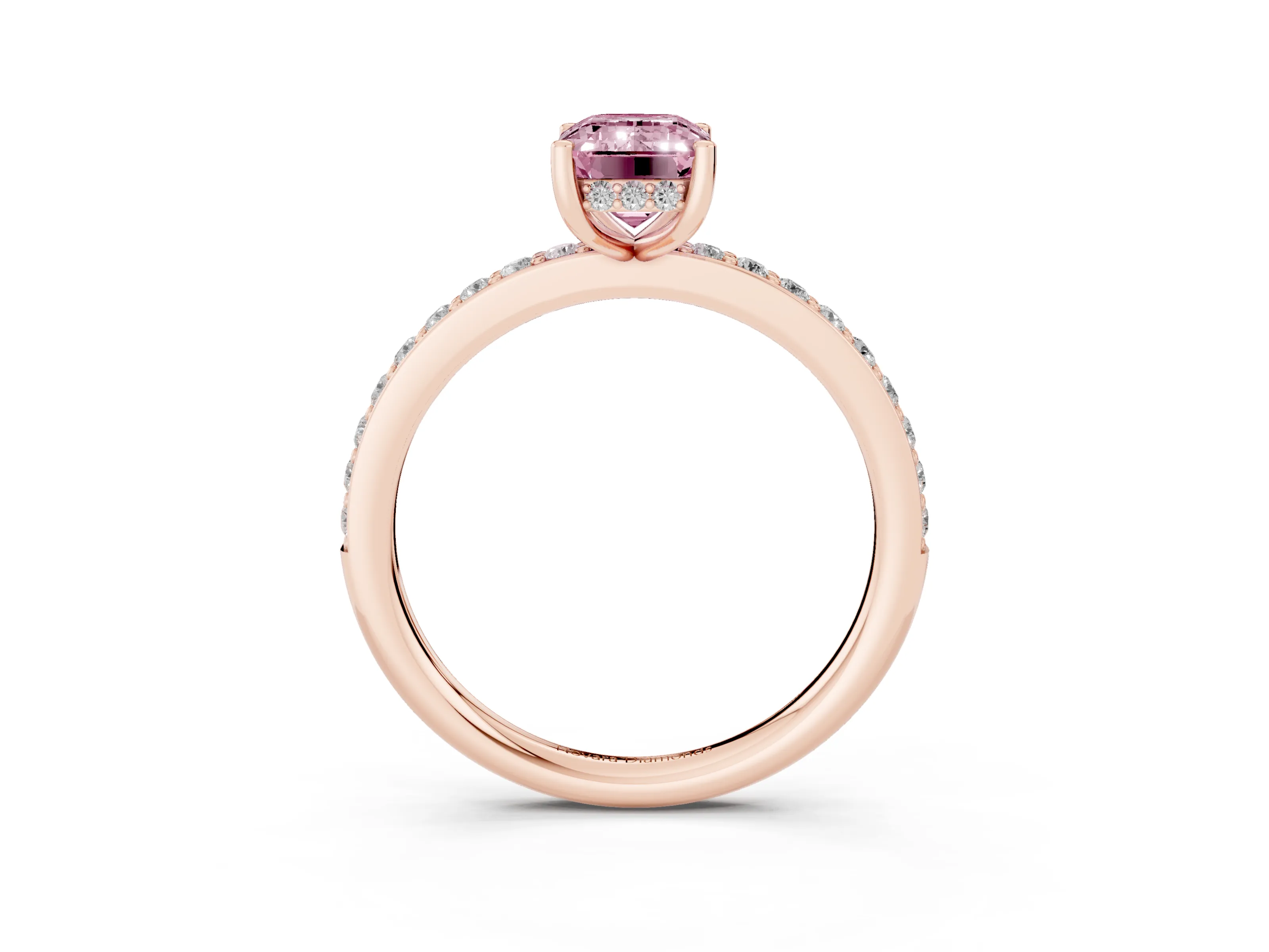 Fancy Pink Emerald Cut Diamond Pavé Band Ring Set in Rose gold with Prong-Set Center Stone