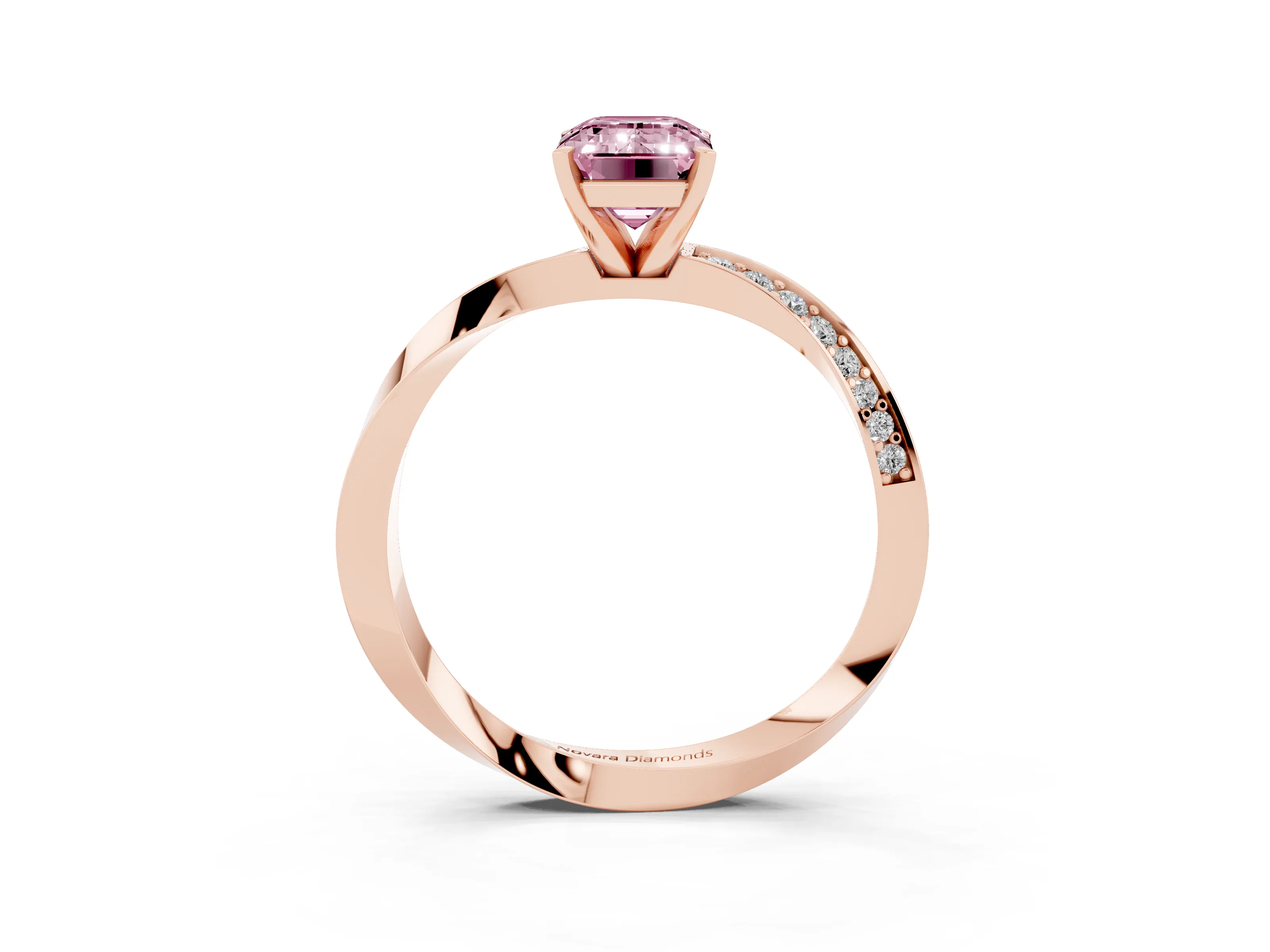 Fancy Pink Emerald Cut Diamond Engagement Ring Set in Rose gold with Side Stone Accents and Prong Setting
