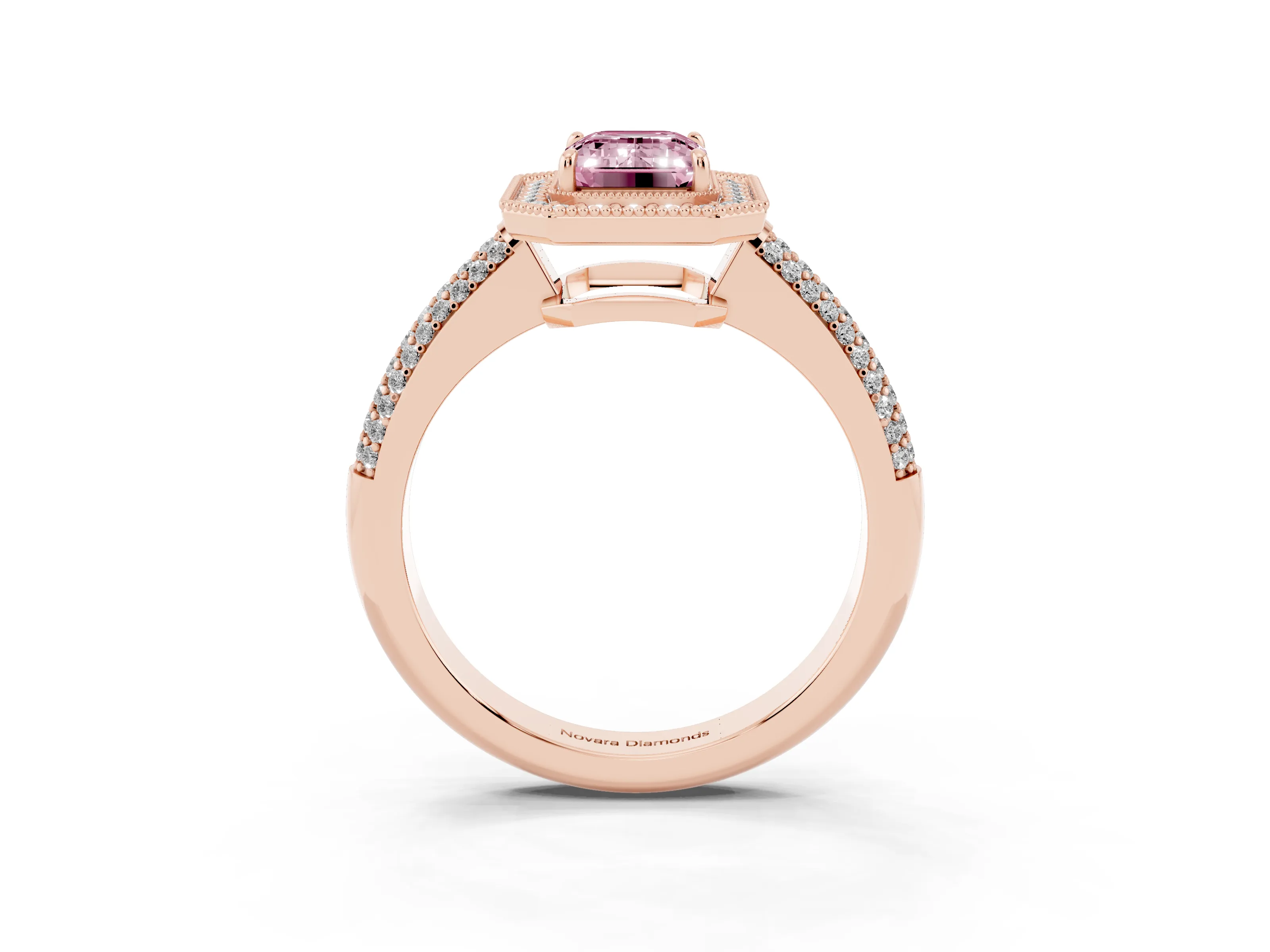 Fancy Pink Emerald Cut Diamond Halo Pavé Band Set in Rose gold with Prong Setting