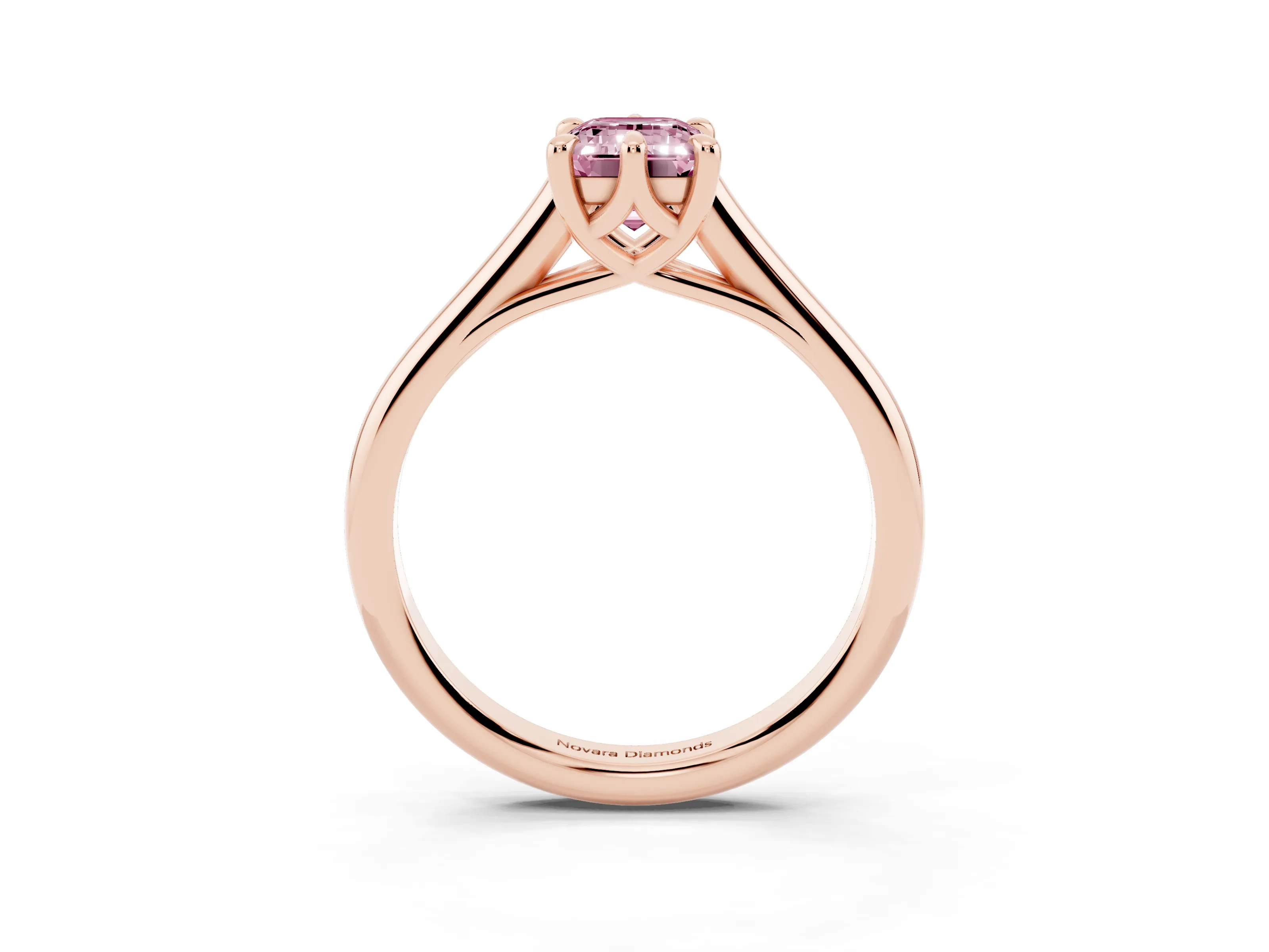 Fancy Pink Emerald Cut Diamond Solitaire Engagement Ring Set in Rose gold with Prong Setting and Plain Classic Band
