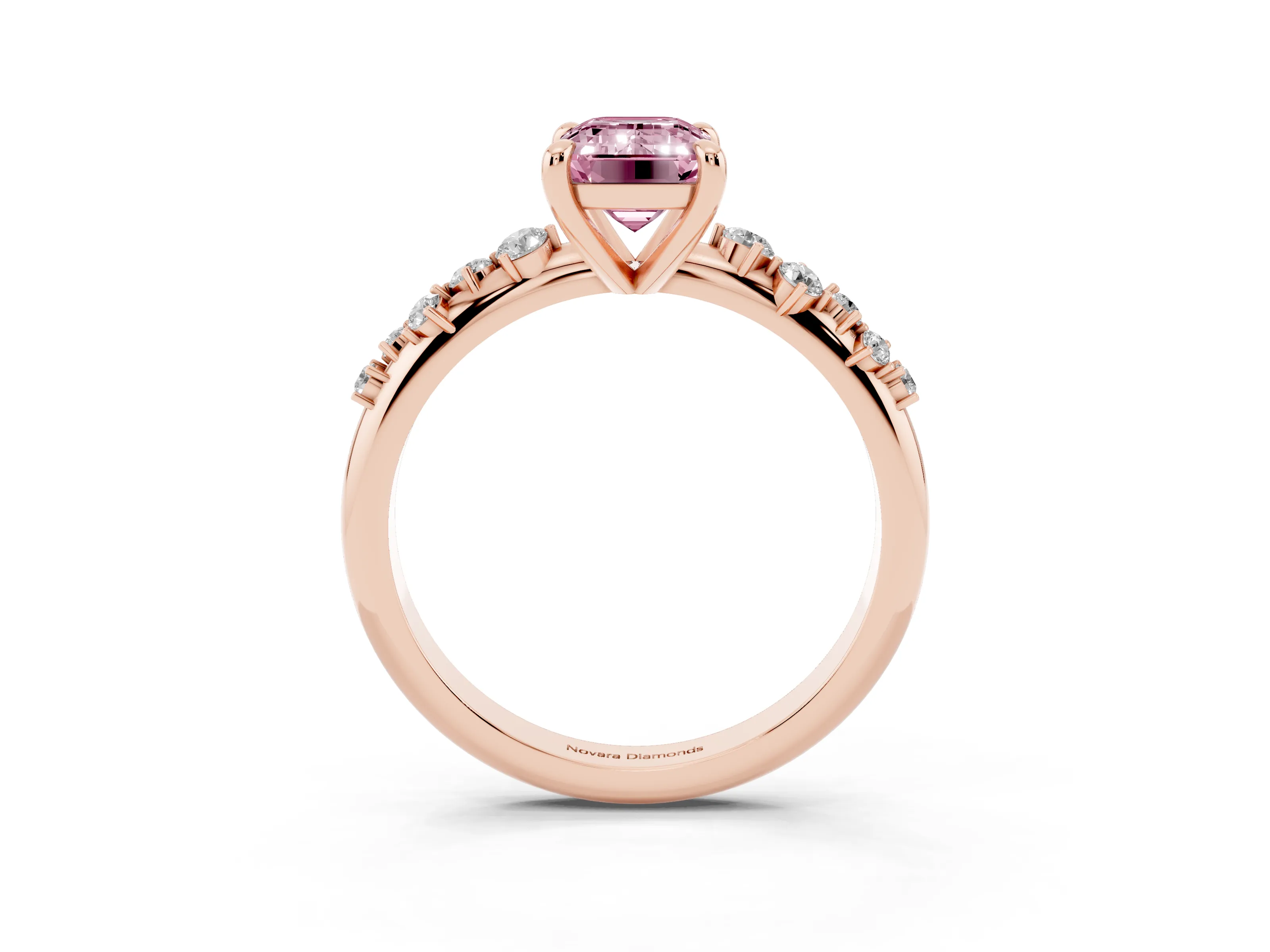 Fancy Pink Emerald Cut Diamond Solitaire Vine Band Ring Set in Rose gold with Round Accents and Prong Setting