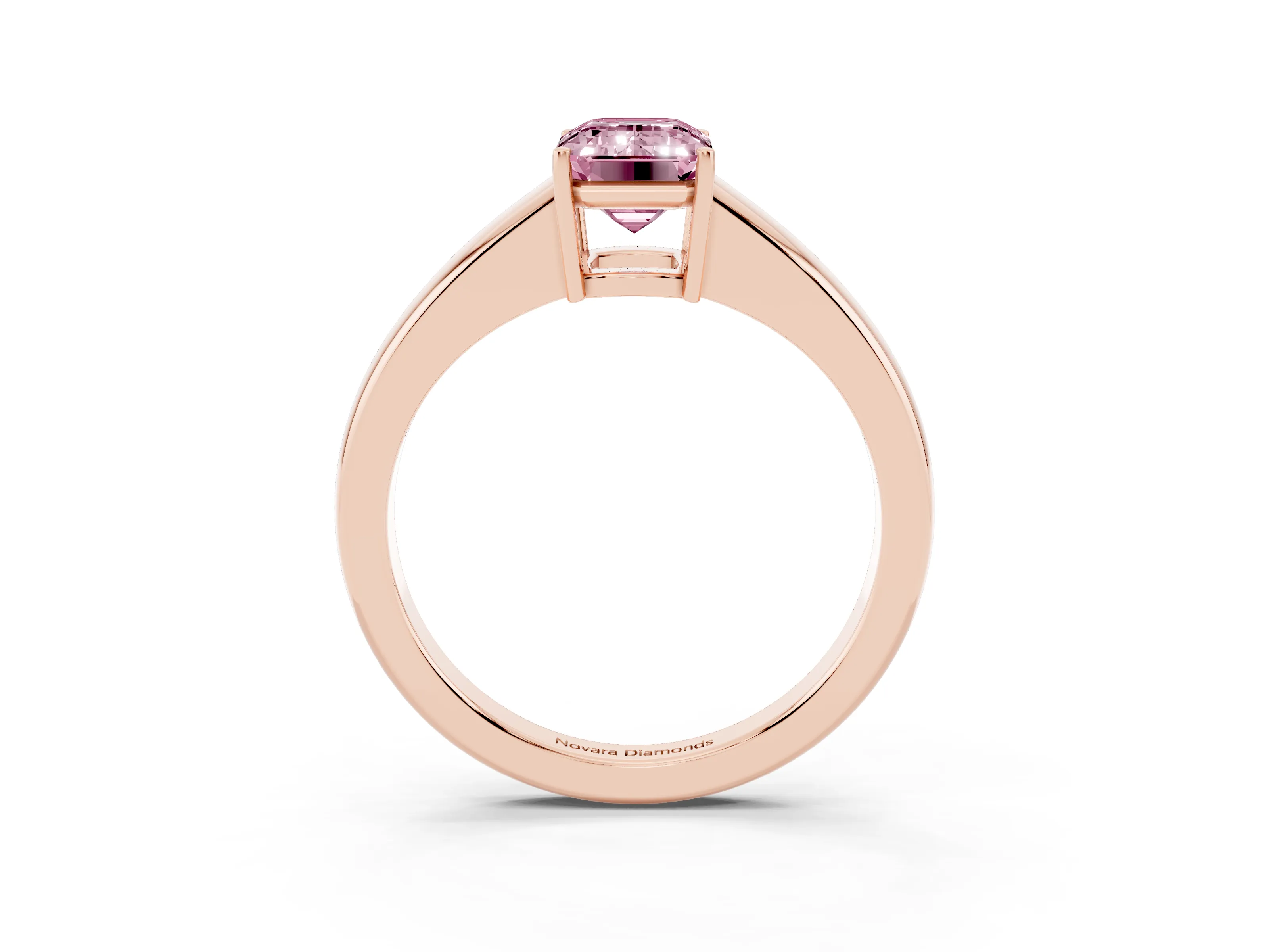 Fancy Pink Emerald Cut Diamond Solitaire Ring Set in Rose gold with Tapered Band and Prong Setting