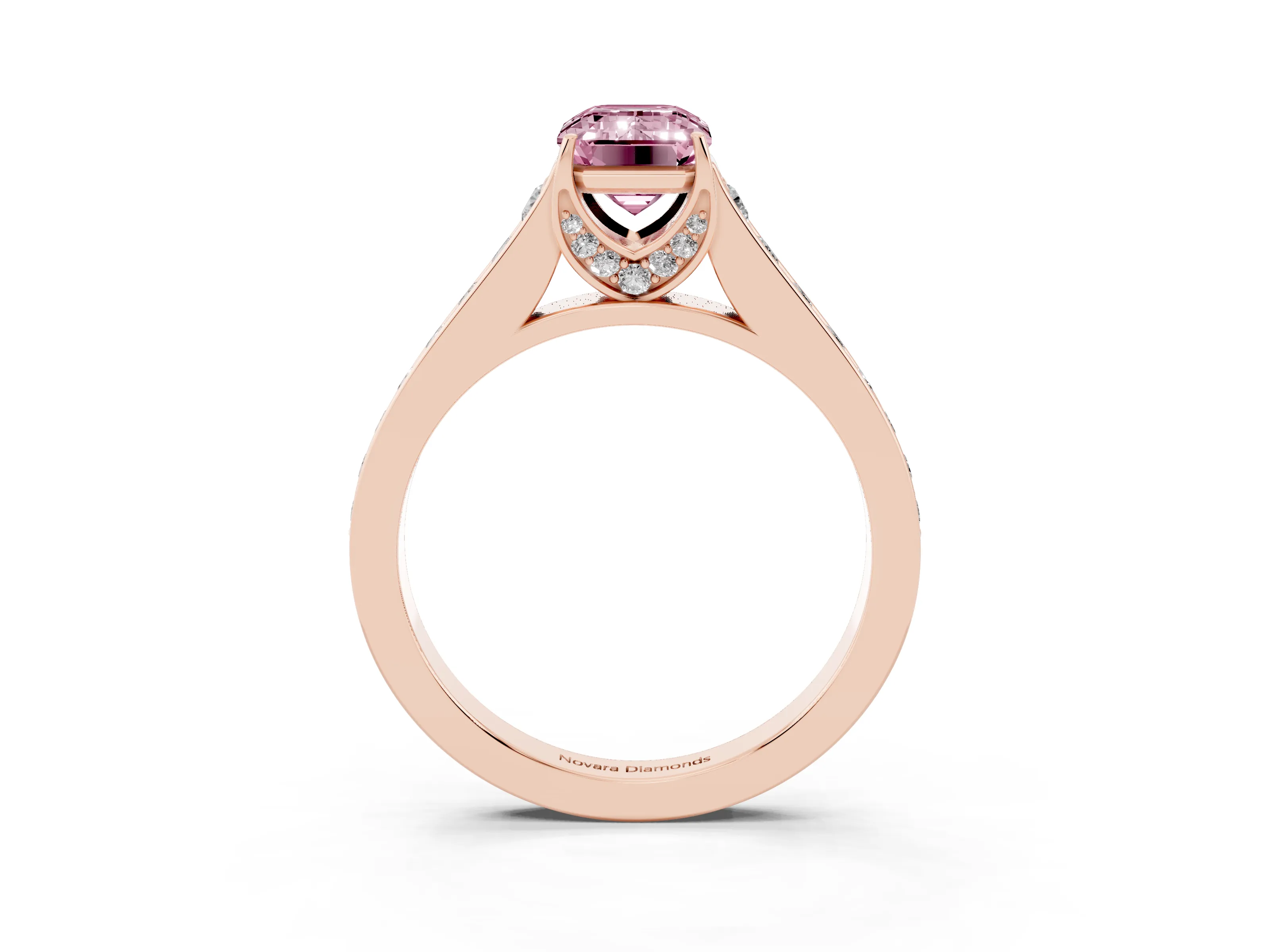 Fancy Pink Emerald Cut Diamond Solitaire Pavé Engagement Ring Set in Rose gold with Prong Setting