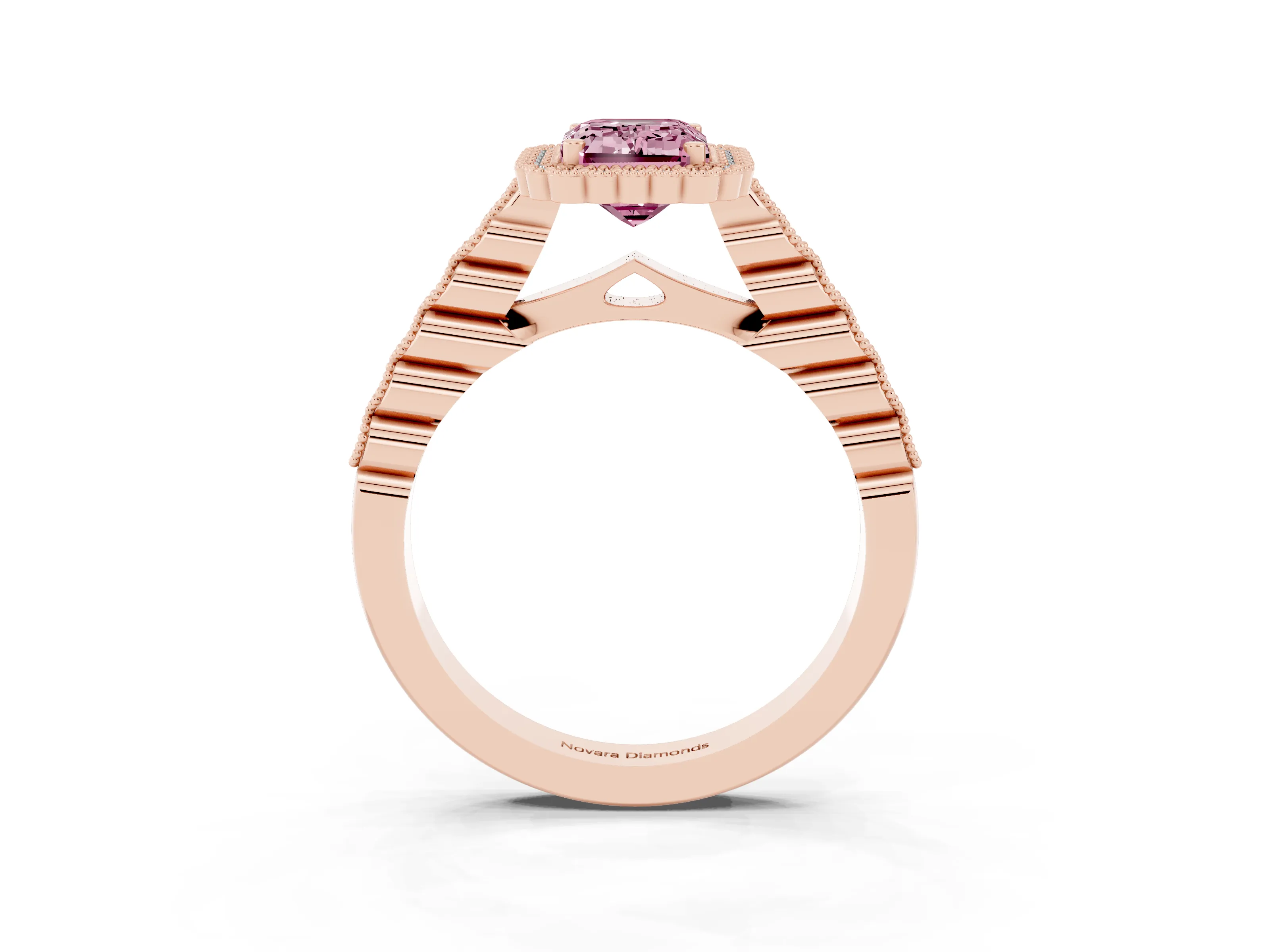 Fancy Pink Emerald Cut Diamond Halo Ring Set in Rose gold with Pavé Milgrain Band