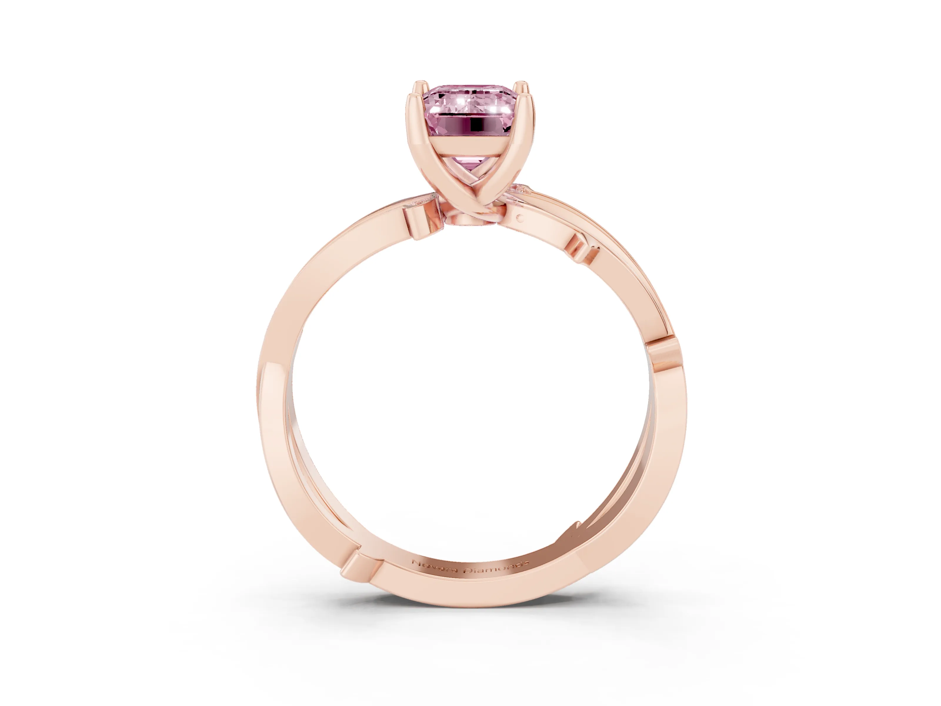 Fancy Pink Emerald Cut Diamond Pavé Twist Band Solitaire Ring Set in Rose gold with Prong Setting