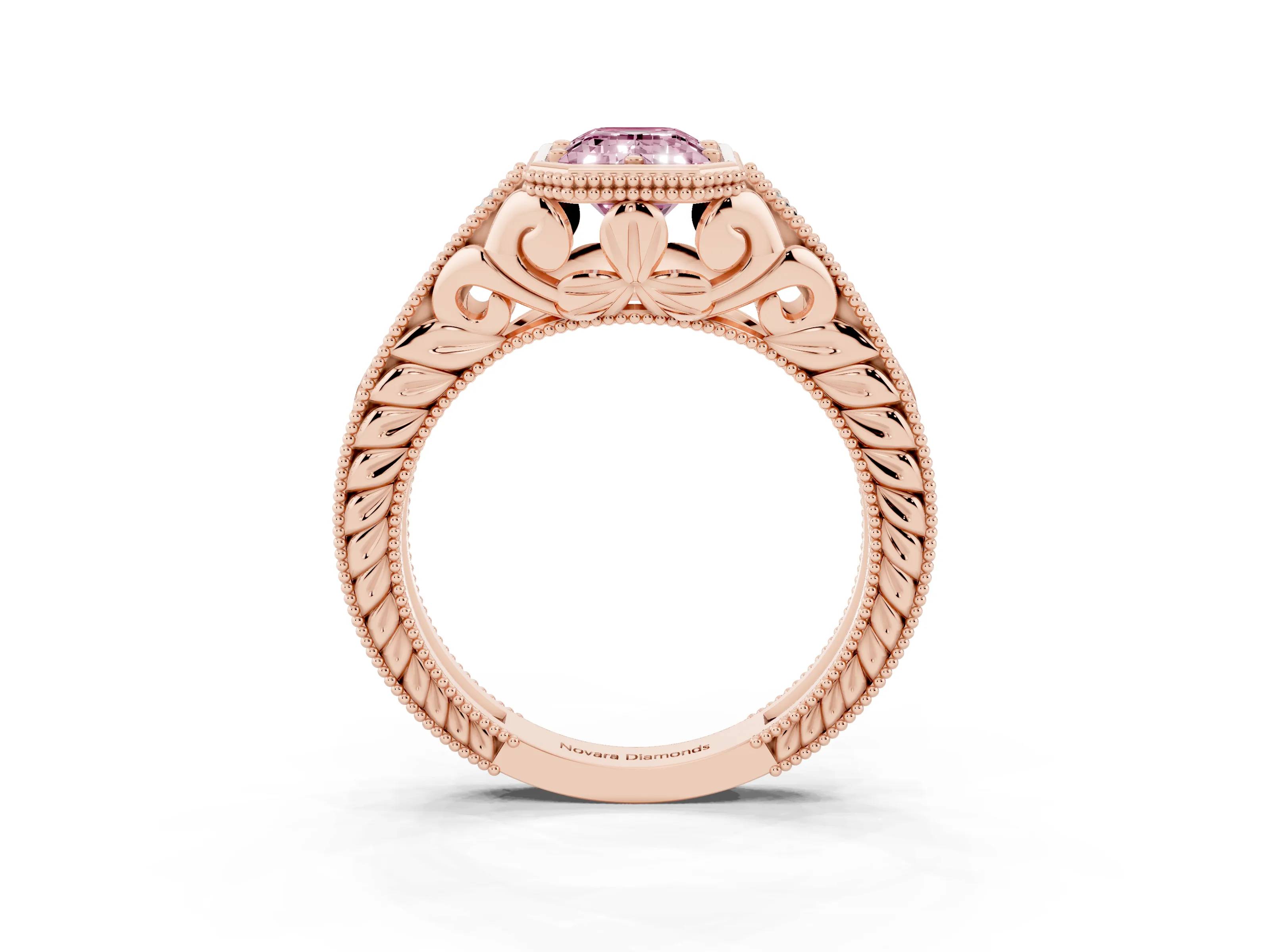 Fancy Pink Bezel Set Emerald Cut Diamond Milgrain Pavé Engagement Ring Set in Rose gold