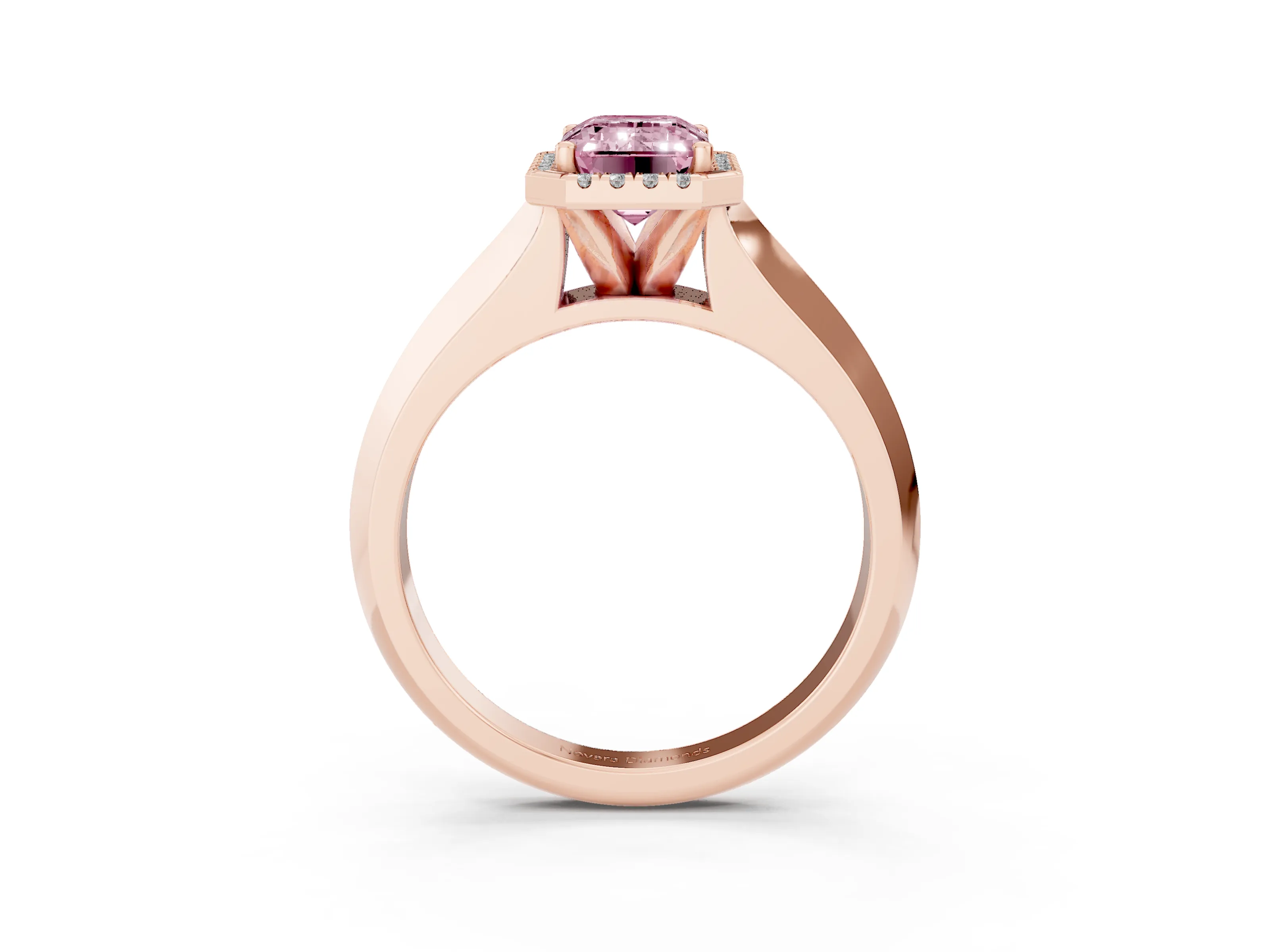 Fancy Pink Emerald Cut Diamond Halo Ring Set in Rose gold with Cathedral Band and Prong Setting
