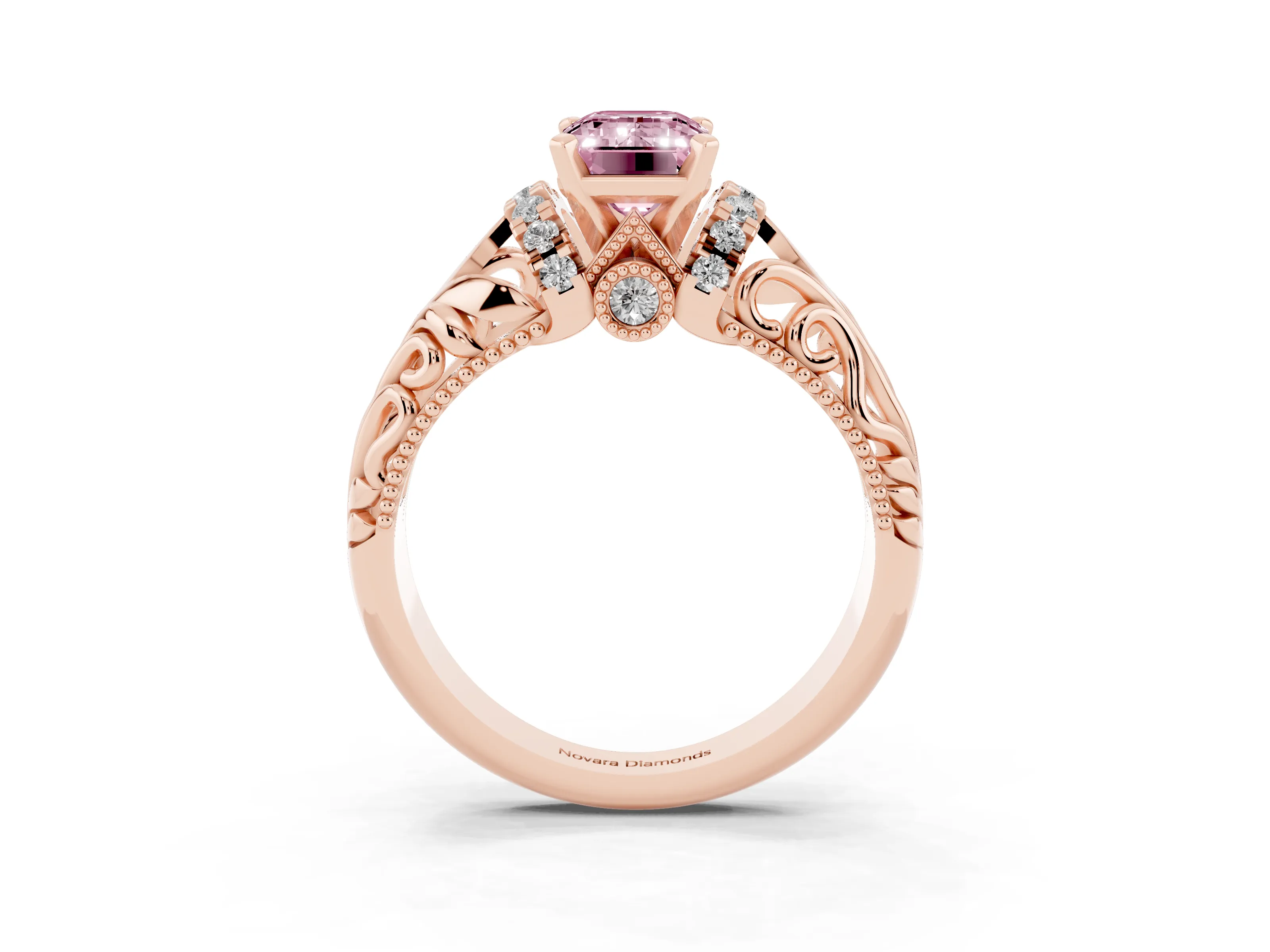 Fancy Pink Emerald Cut Diamond Filigree Halo Engagement Ring Set in Rose gold with Prong Setting