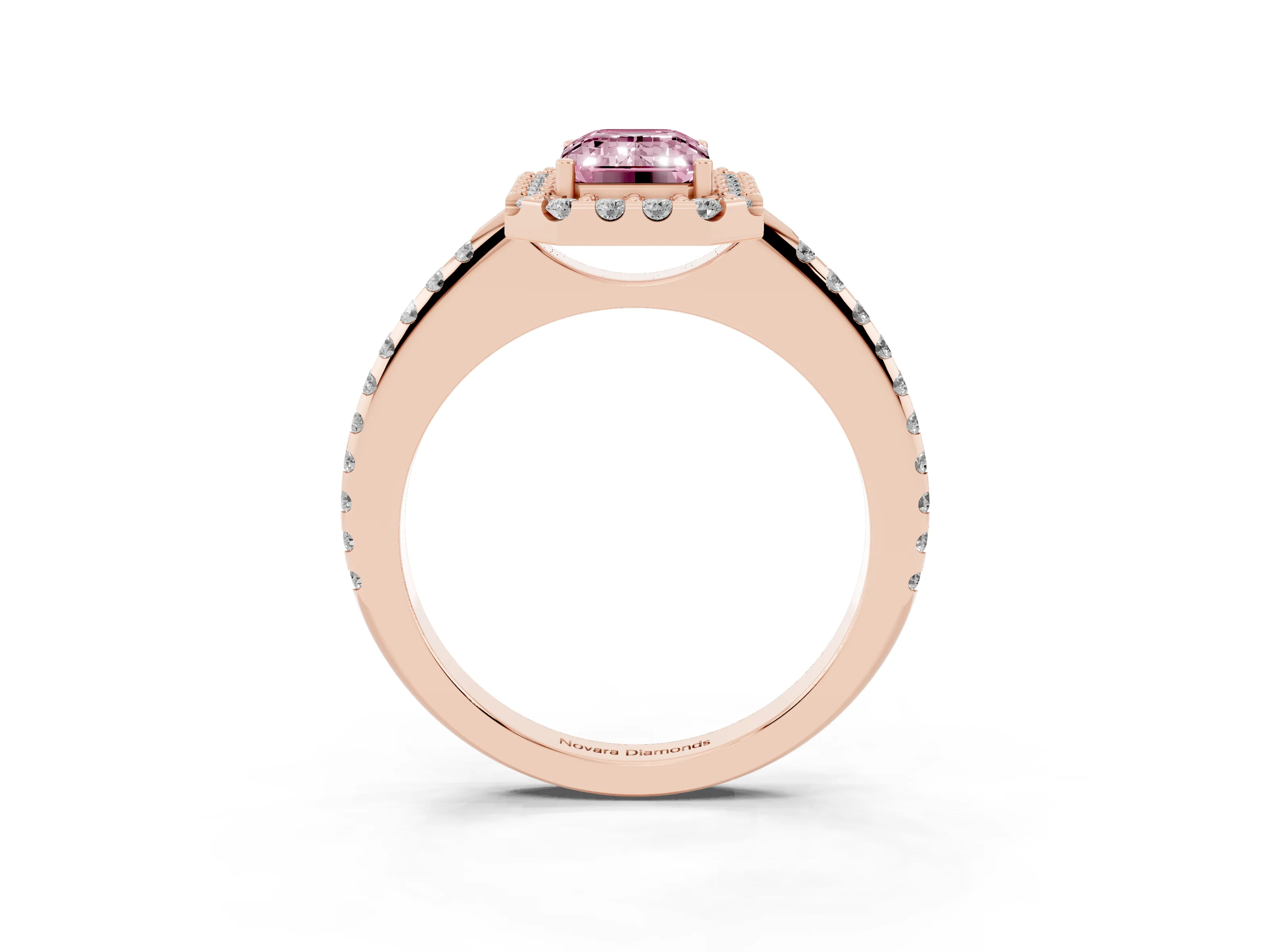 Fancy Pink Emerald Cut Diamond Pavé Halo Ring Set in Rose gold with Prong Setting