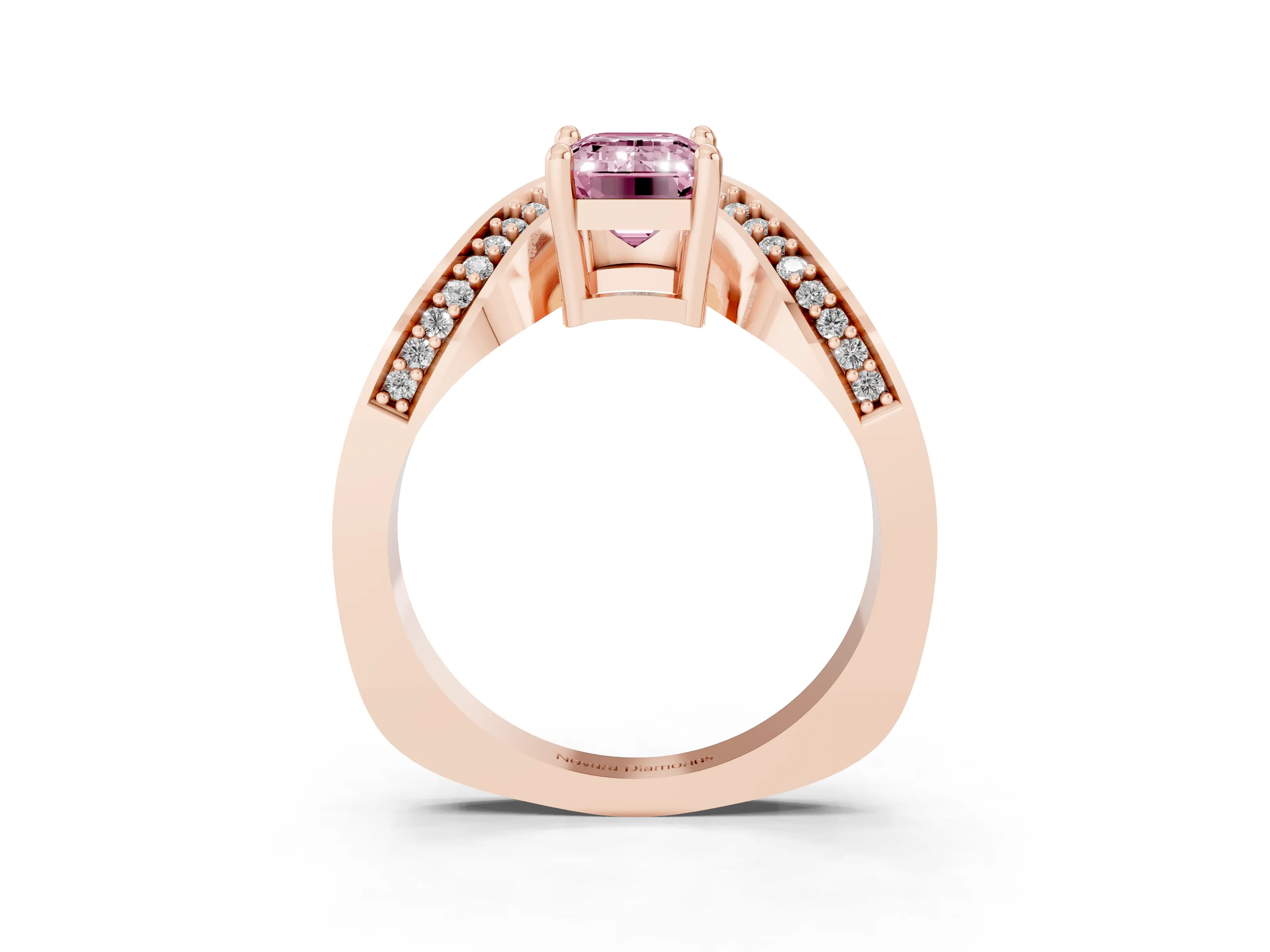 Fancy Pink Emerald Cut Diamond Solitaire Engagement Ring Set in Rose gold with Pavé Shoulders