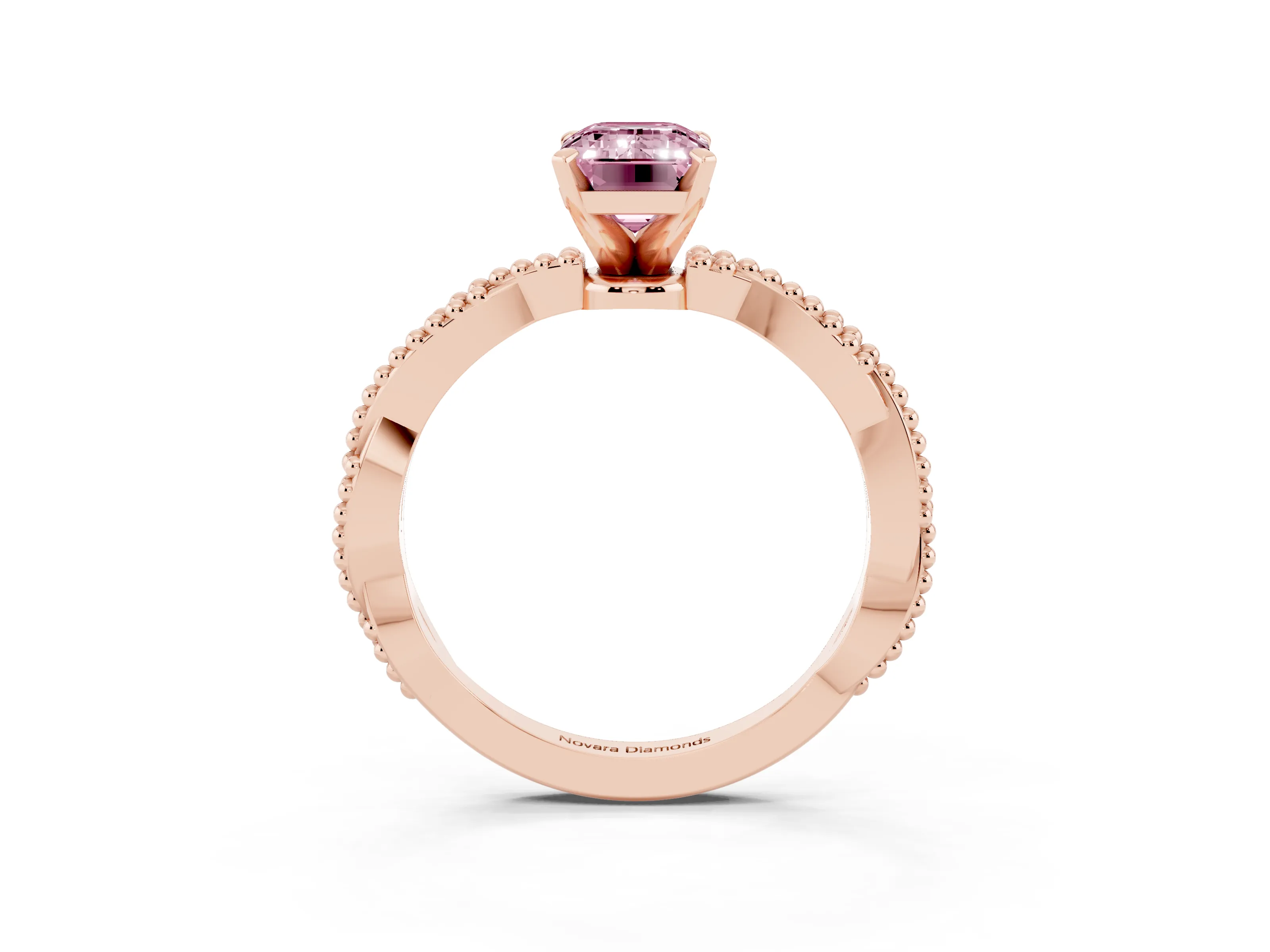 Fancy Pink Emerald Cut Diamond Solitaire Ring Set in Rose gold with Twisted Band and Bead Prong Setting