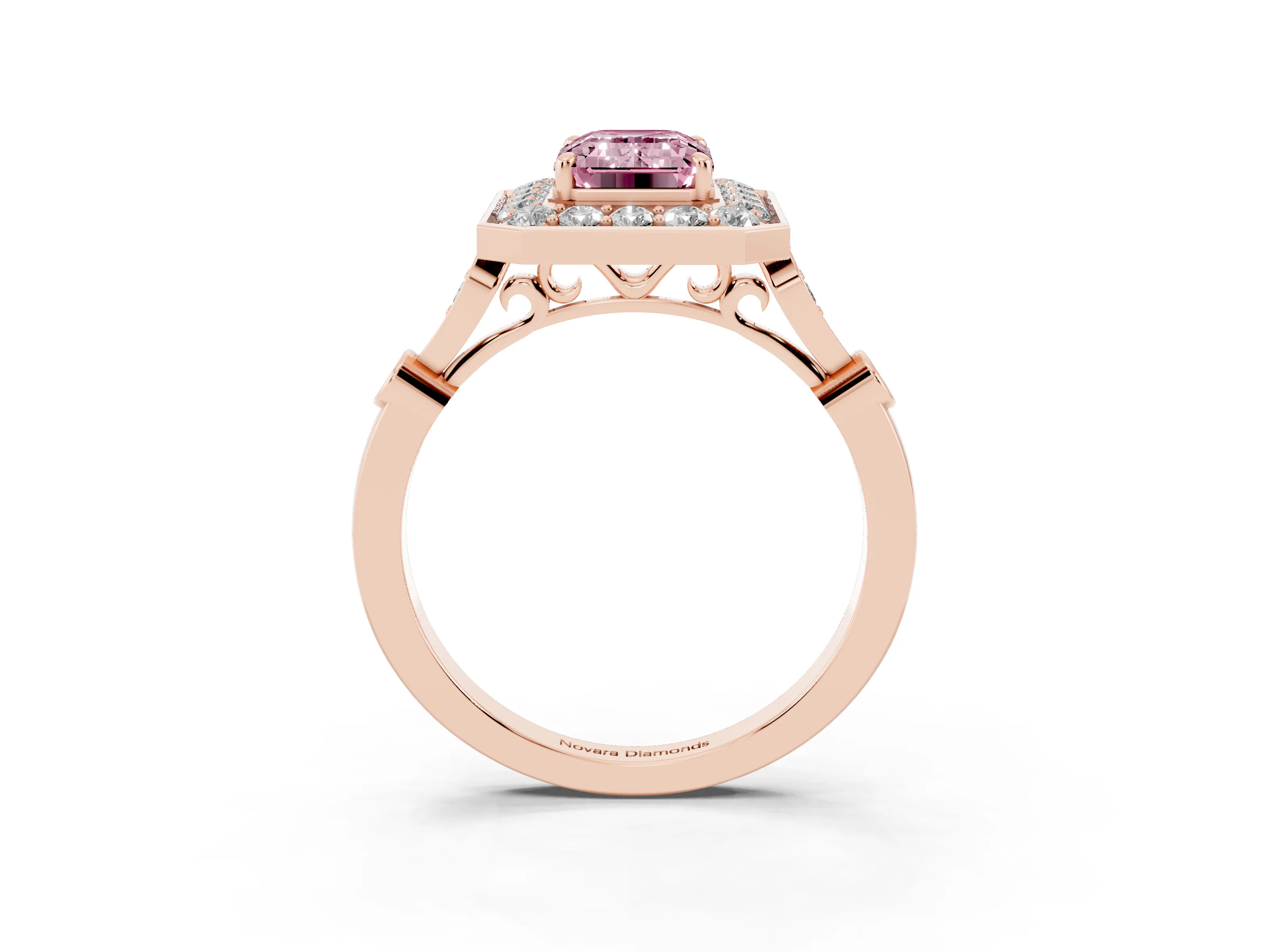 Fancy Pink Emerald Cut Diamond Halo Engagement Ring Set in Rose gold with Twisted Band and Prong Setting