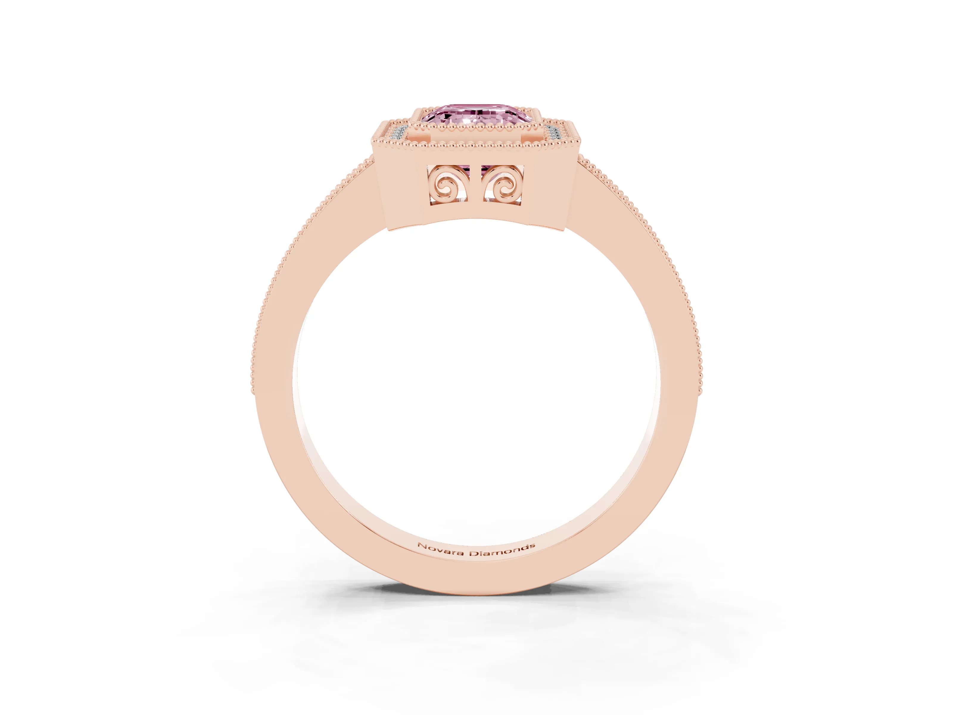 Fancy Pink Emerald Cut Diamond Round Halo Ring Set in Rose gold with Pavé Band