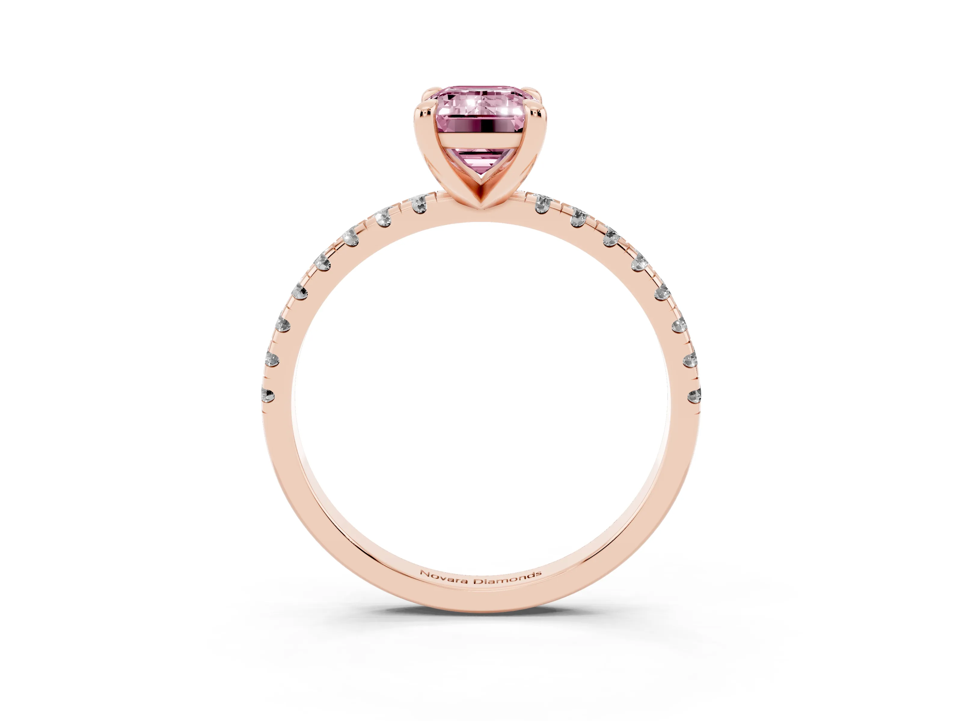 Fancy Pink Emerald Cut Diamond Brilliant Solitaire Ring Set in Rose gold with Pavé Band and Prong Setting