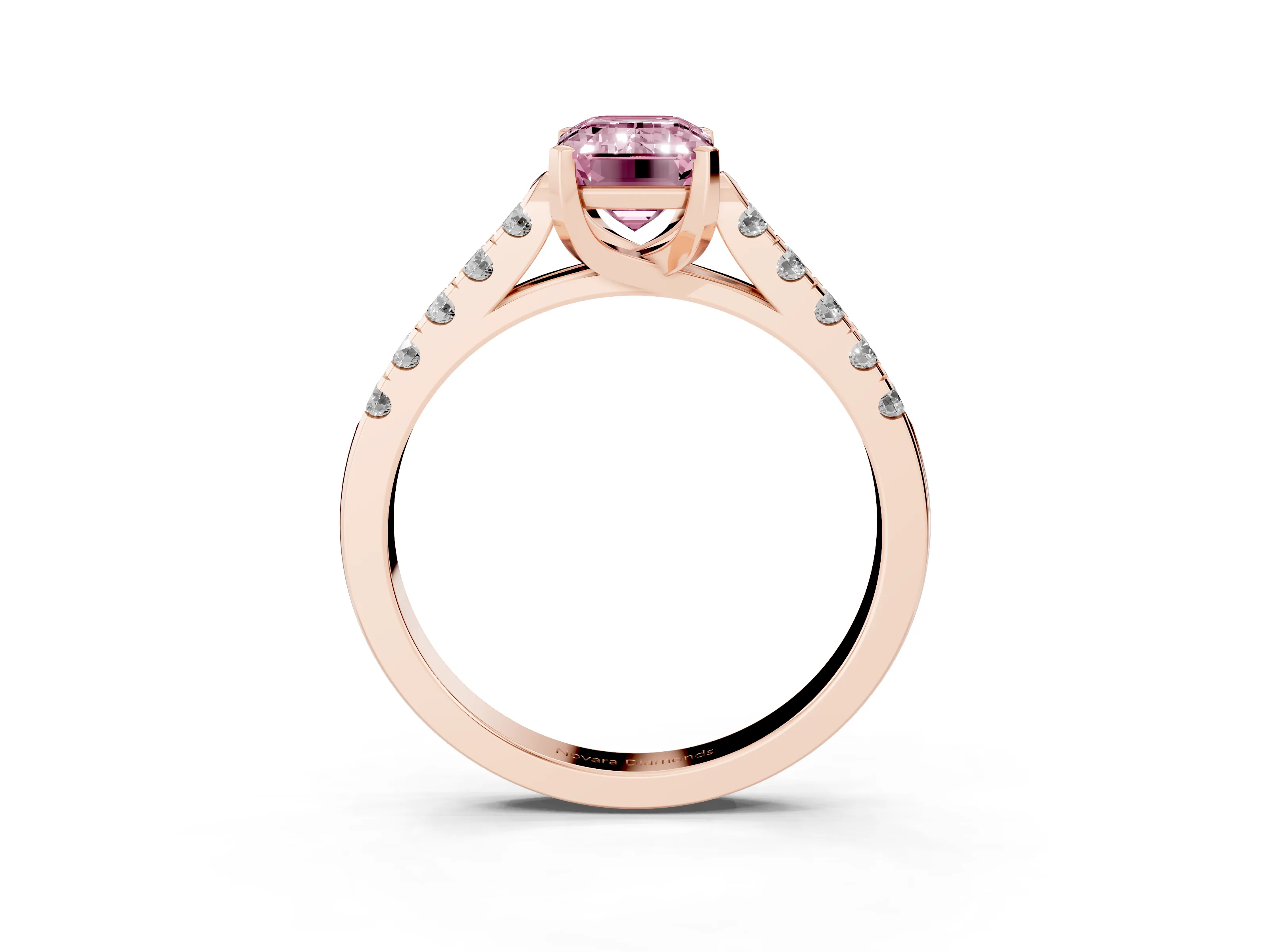 Fancy Pink Emerald Cut Diamond Pavé Band Solitaire Ring Set in Rose gold with Partway Accent Stones and Prong Setting