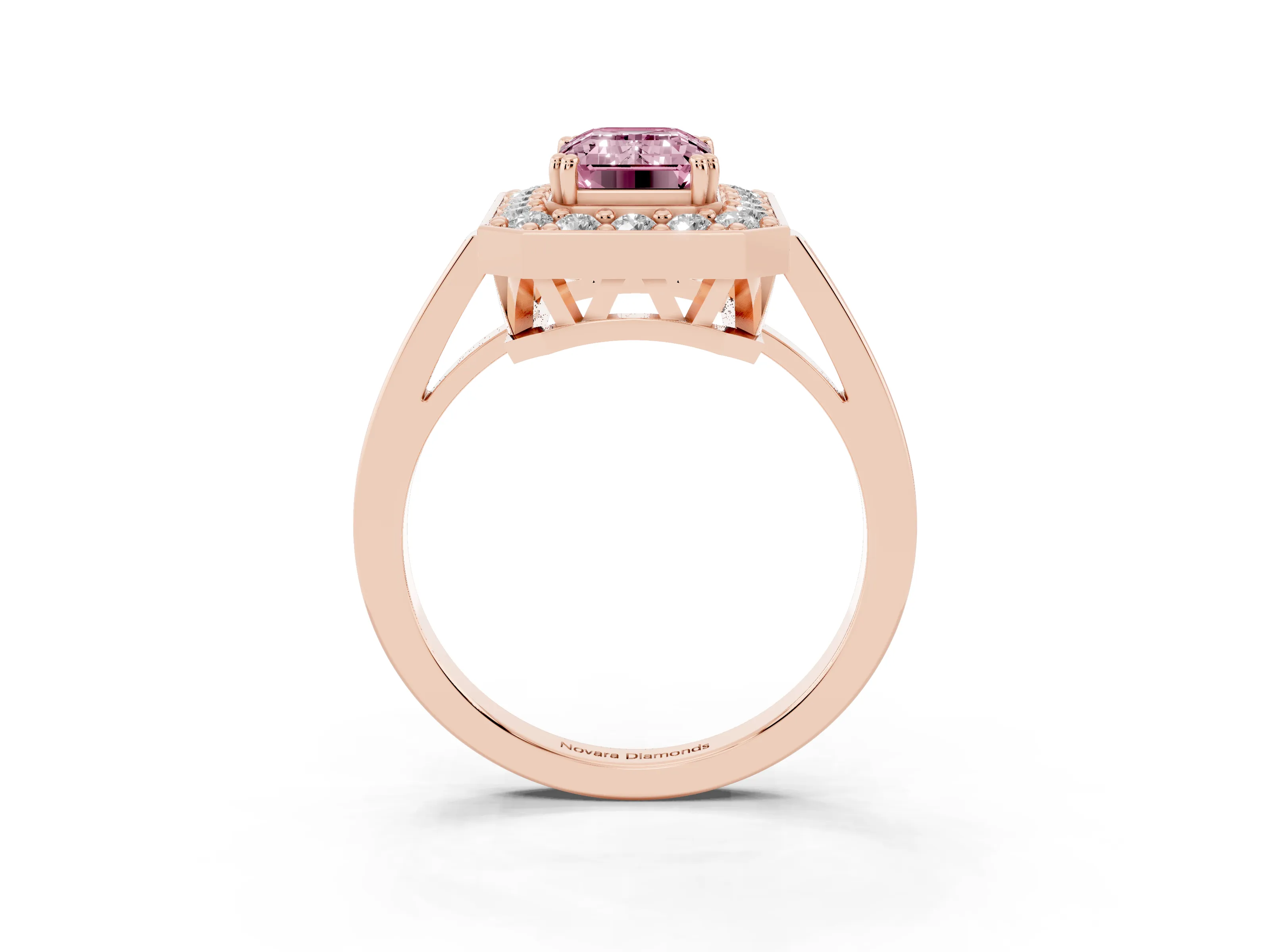 Fancy Pink Emerald Cut Diamond Halo Ring Set in Rose gold with Accent-Lined Split Shank and Prong Setting