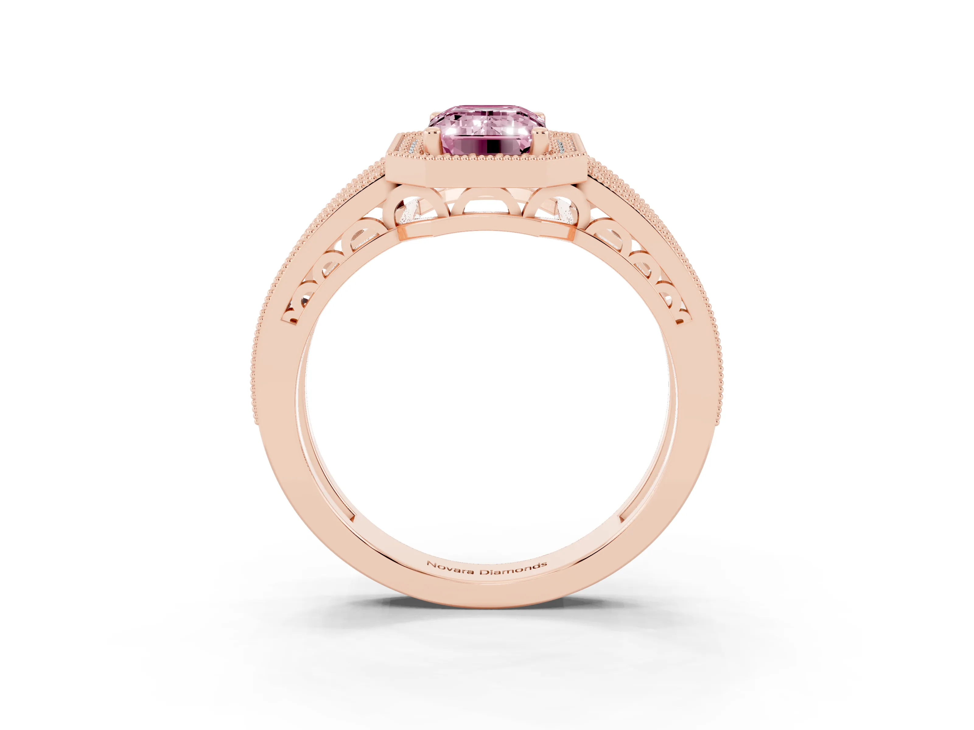Fancy Pink Emerald Cut Diamond Halo Ring Set in Rose gold with Accent Split Shank and Prong Setting