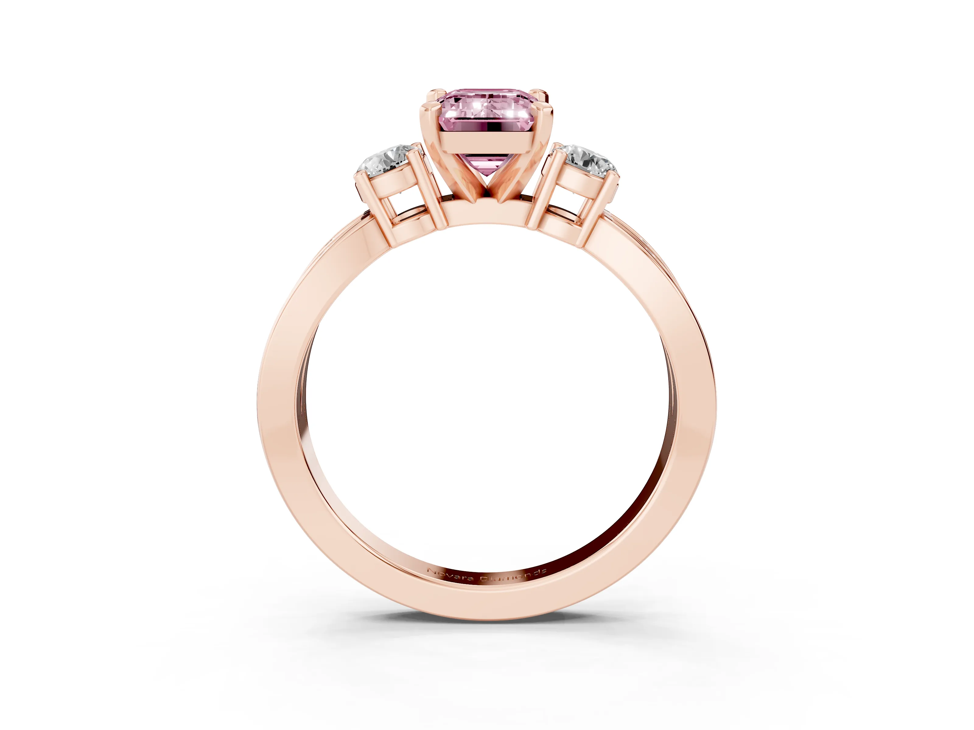 Fancy Pink Three-Stone Emerald Cut Diamond Twist Band Ring Set in Rose gold with Pavé Accents and Prong Setting
