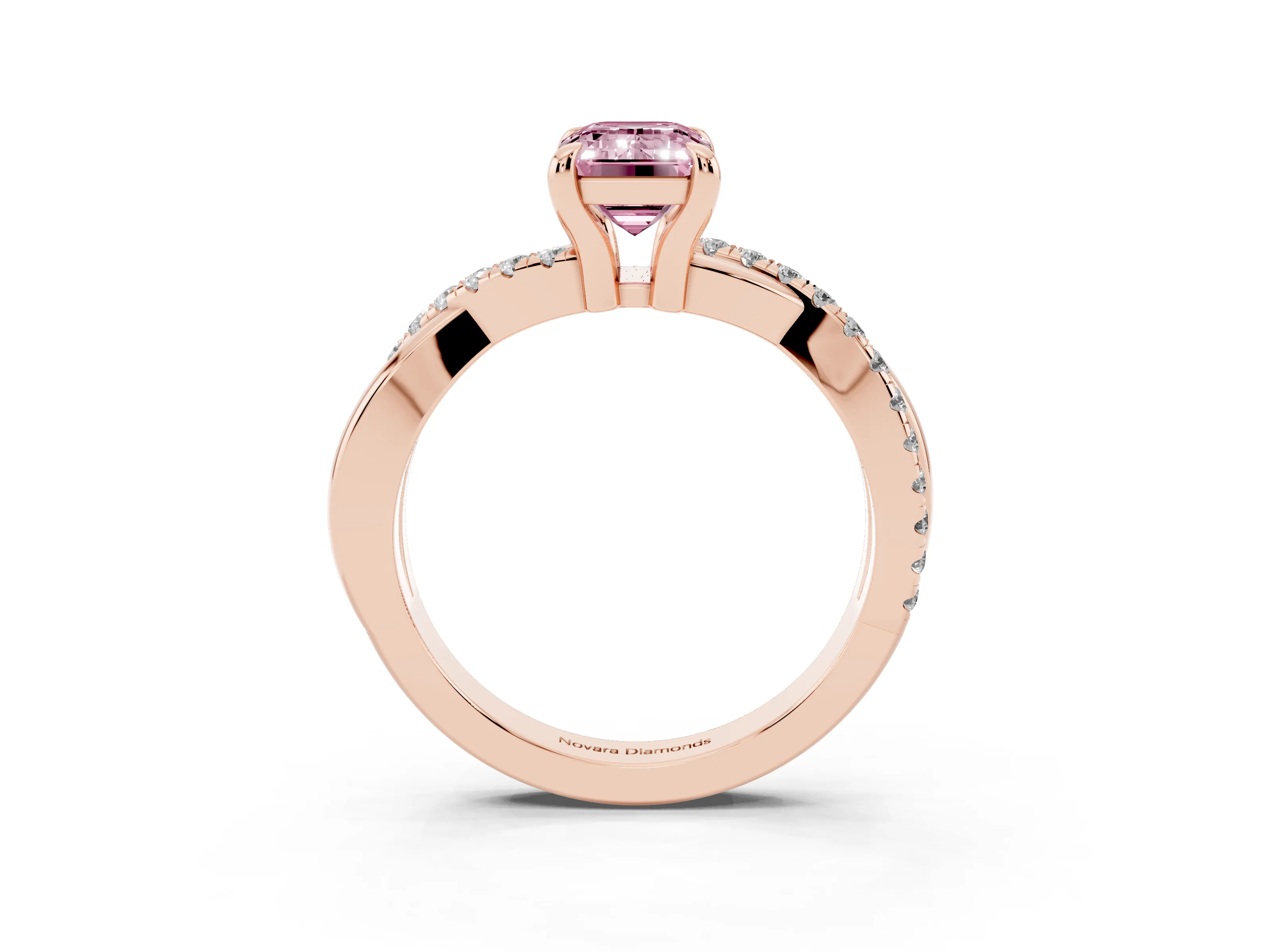 Fancy Pink Emerald Cut Diamond Twist Band Pavé Solitaire Ring Set in Rose gold with Prong Setting
