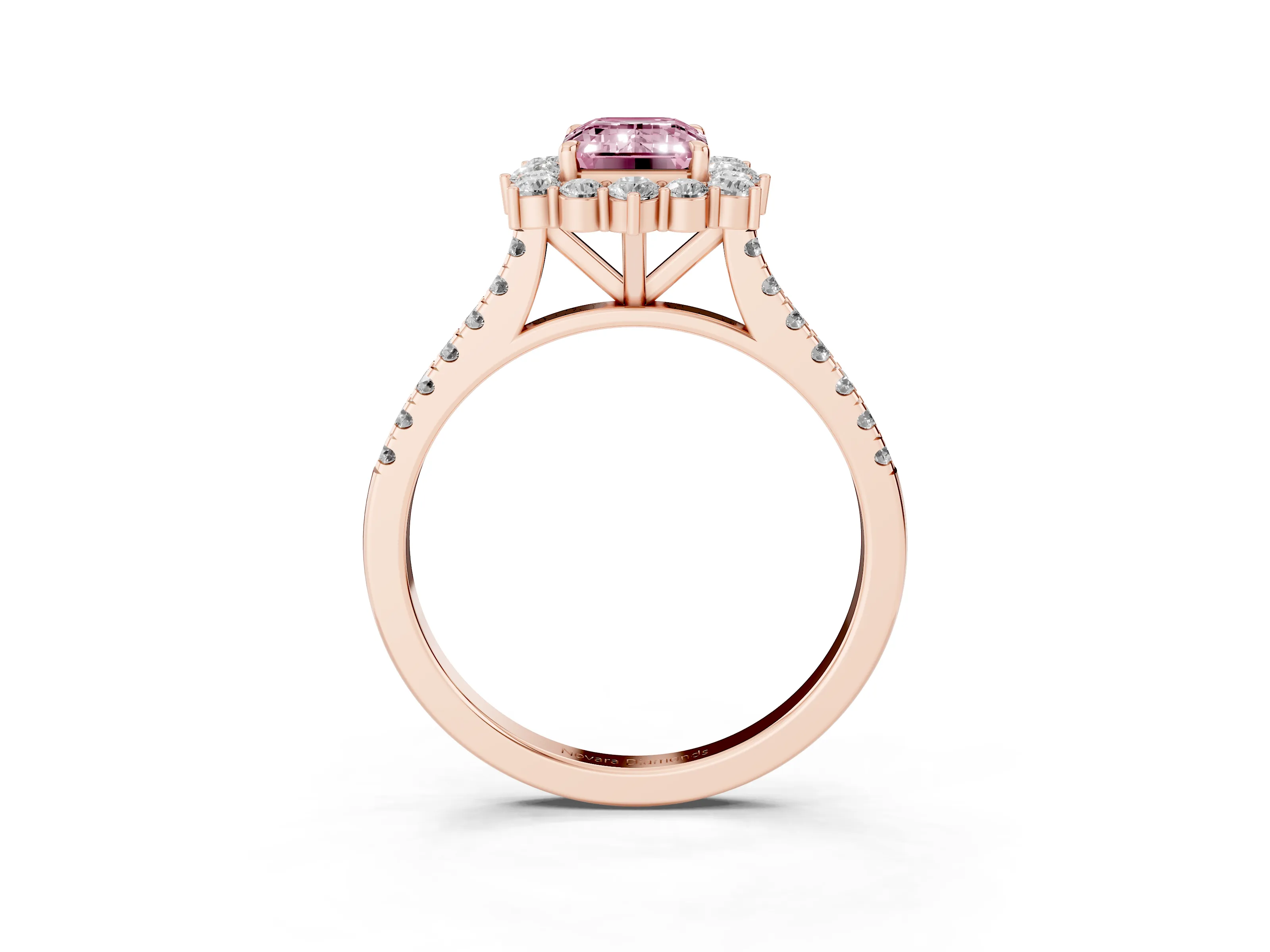 Fancy Pink Emerald Cut Diamond Halo Ring Set in Rose gold with Pavé Band and Prong Setting