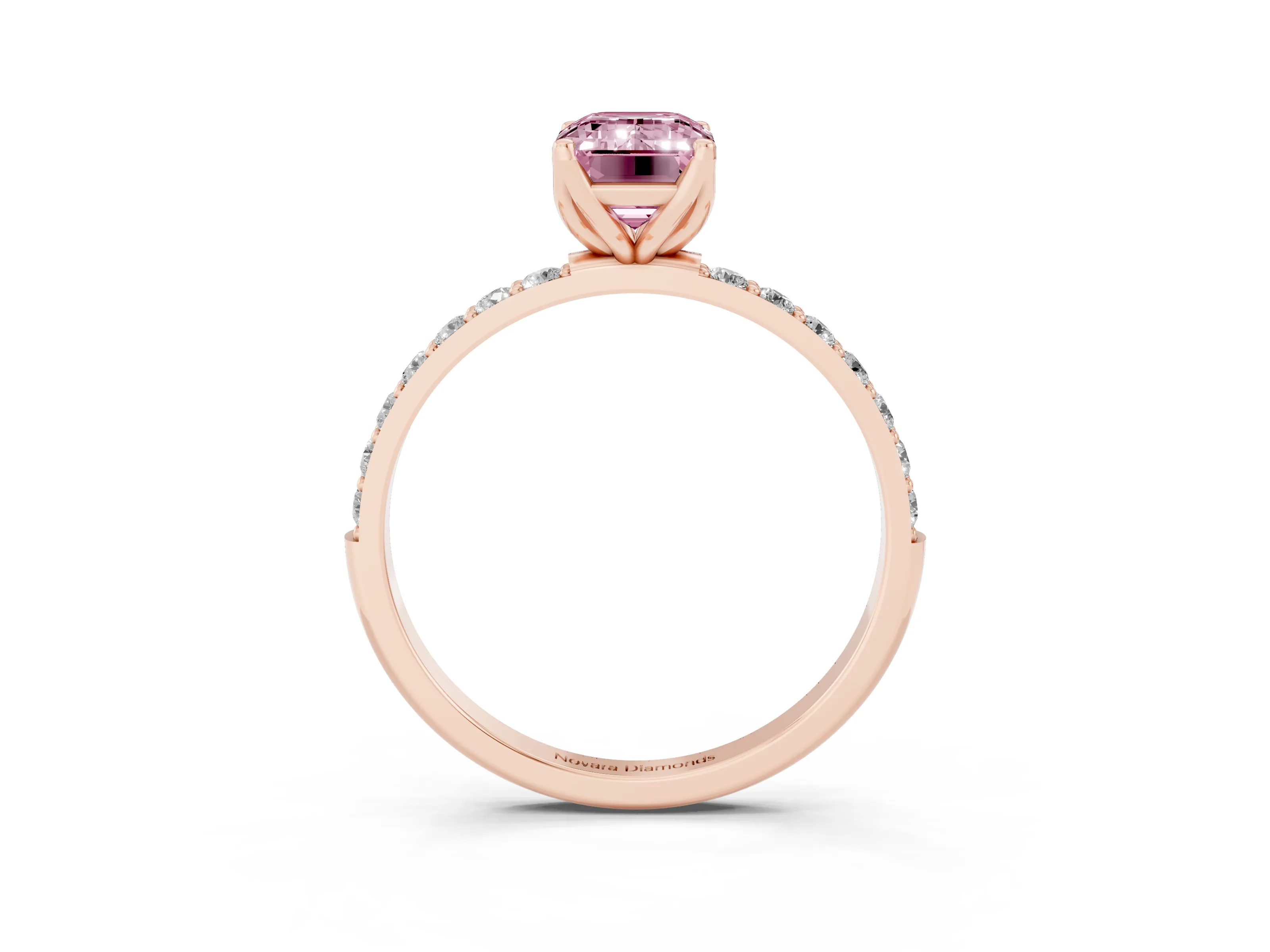 Fancy Pink Emerald Cut Diamond Solitaire Engagement Ring Set in Rose gold with Round Pavé Band and Prong Setting