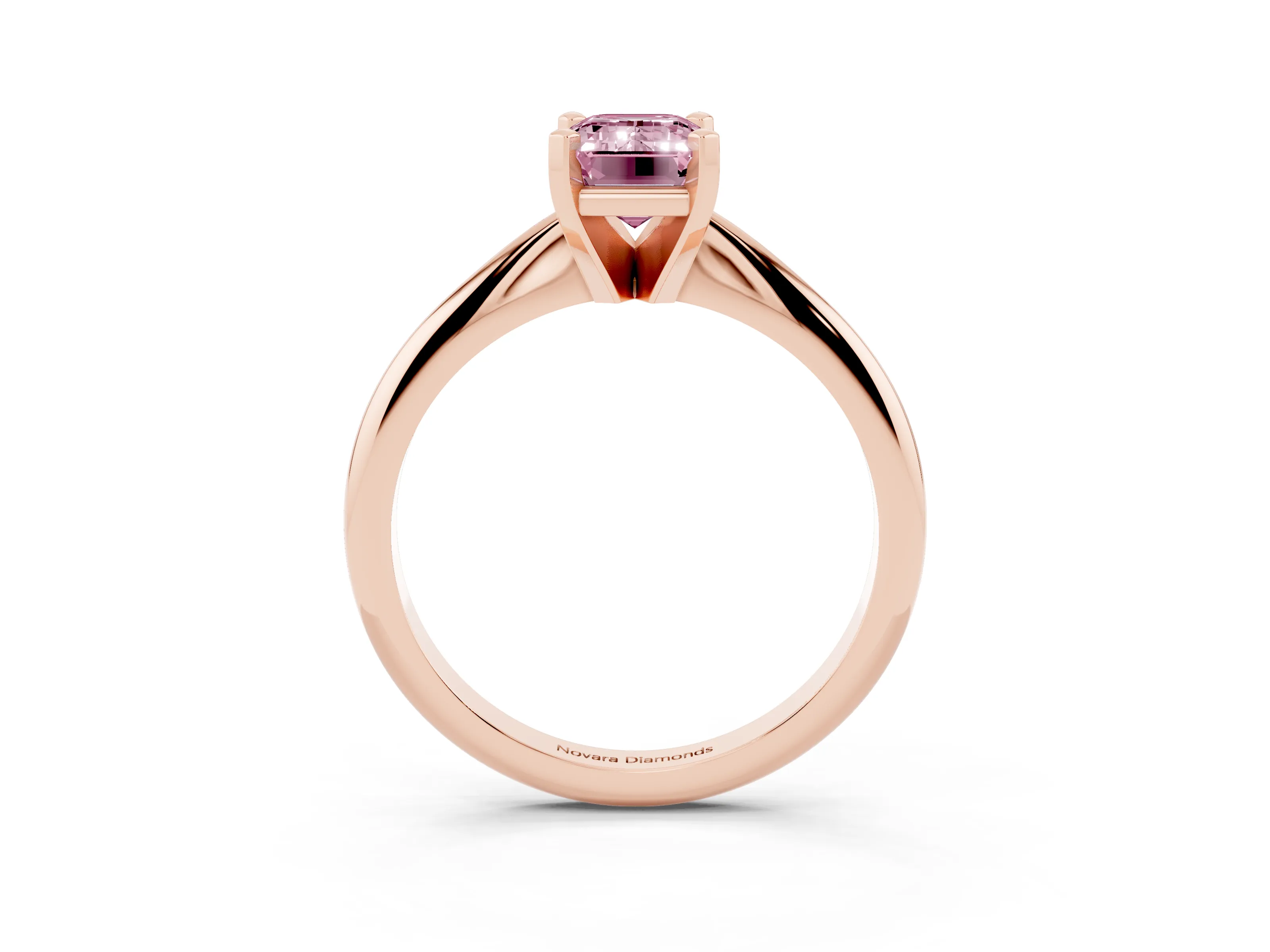 Fancy Pink Emerald Cut Diamond Solitaire Ring Set in Rose gold with Prong Setting on a Plain Round Band