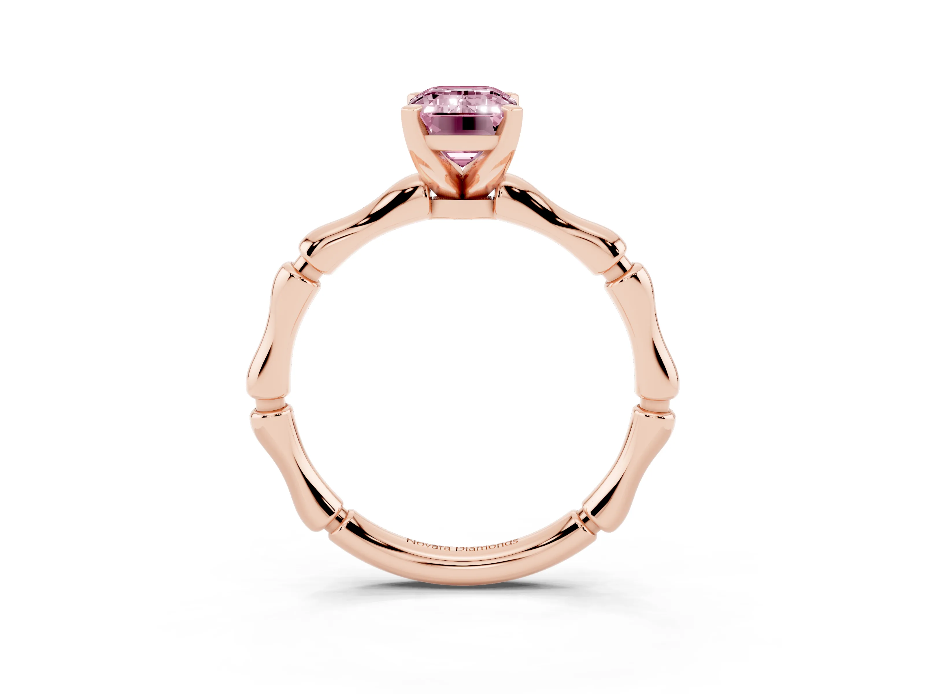 Fancy Pink Emerald Cut Diamond Solitaire Ring Set in Rose gold with Bamboo Band and Prong Setting