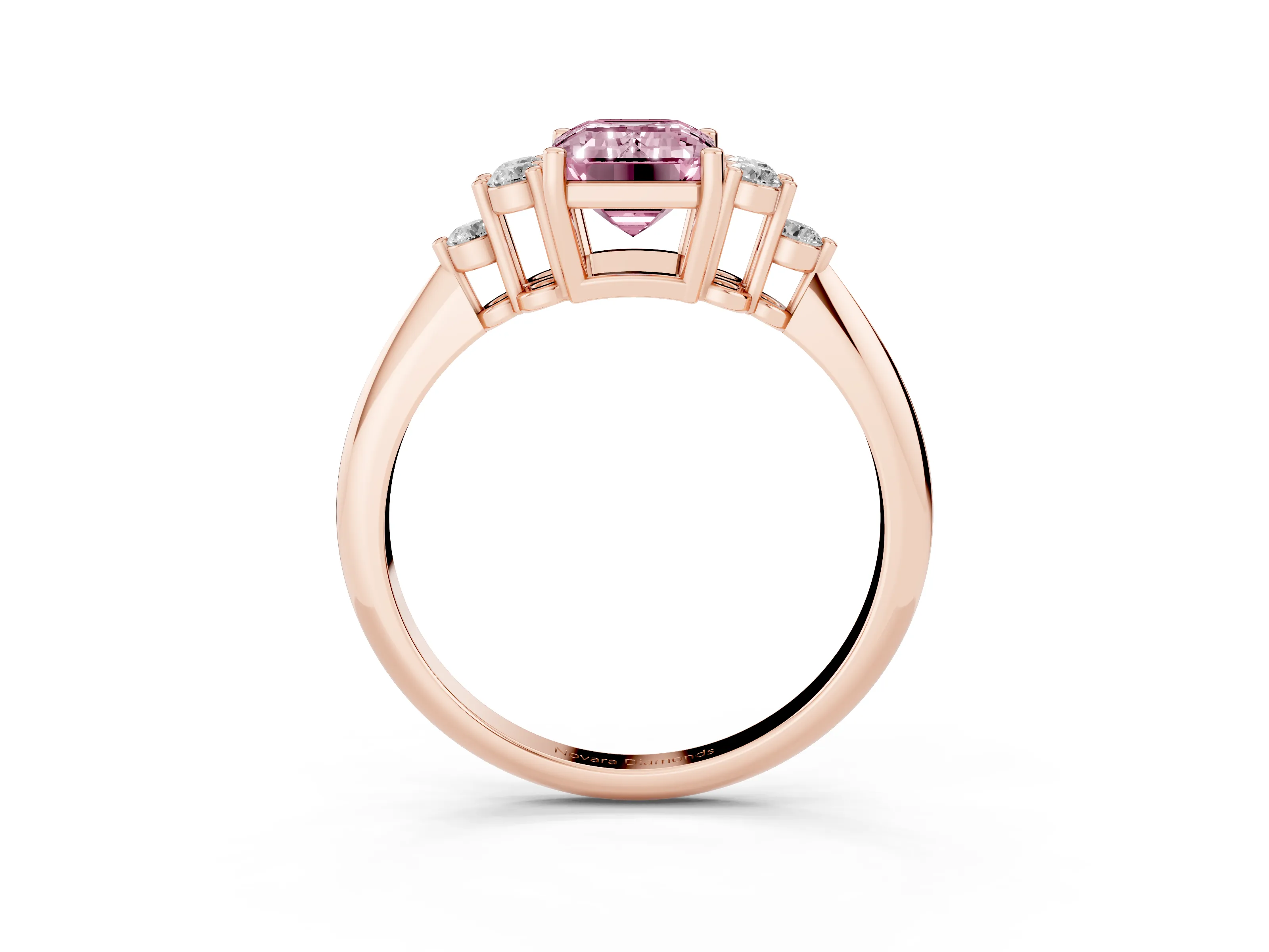Fancy Pink Emerald Cut Diamond Cluster Ring Set in Rose gold with Plain Band and Prong Setting