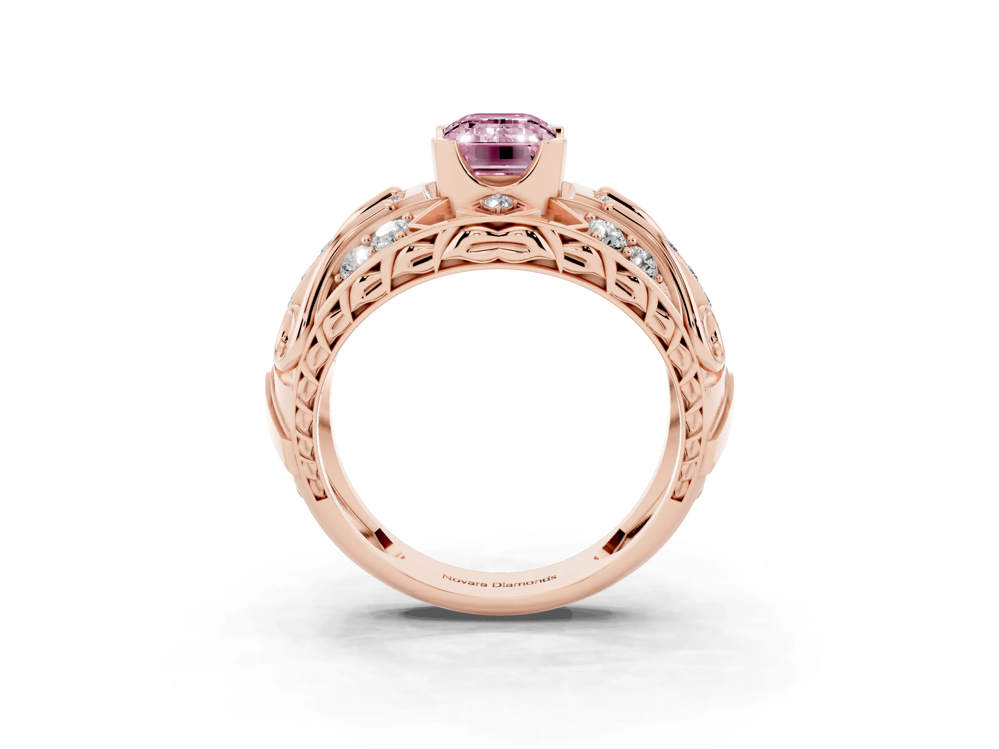 Fancy Pink Emerald Cut Diamond Art Deco Ring Set in Rose gold with Pavé Split Shank