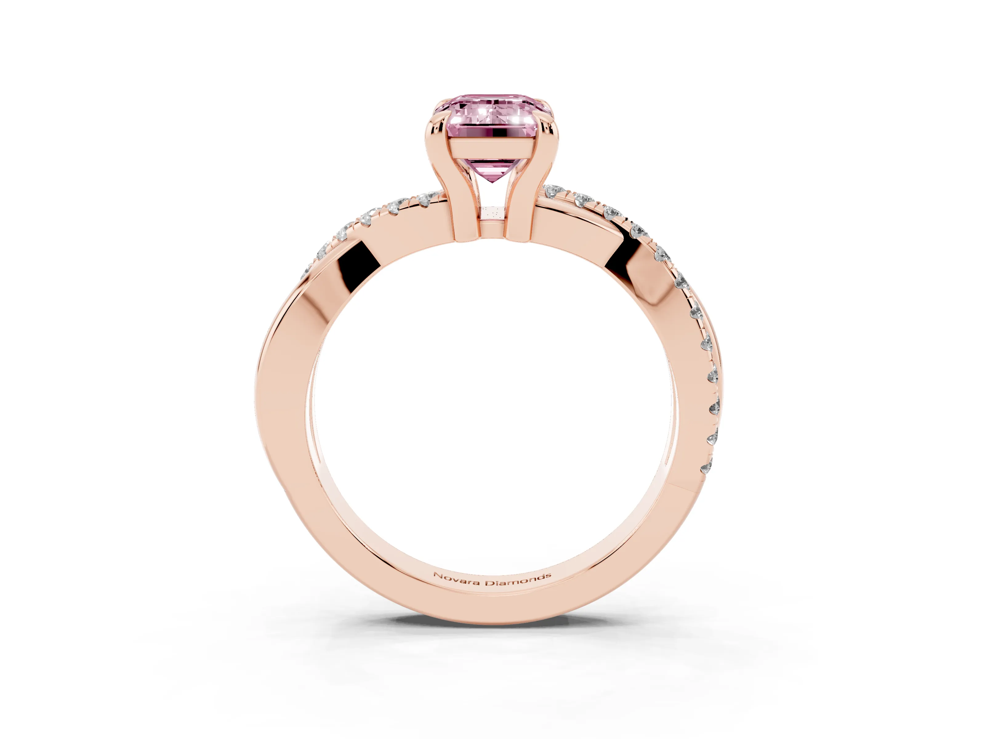 Fancy Pink Emerald Cut Diamond Twist Band Solitaire Set in Rose gold with Pavé Accents and Prong Setting